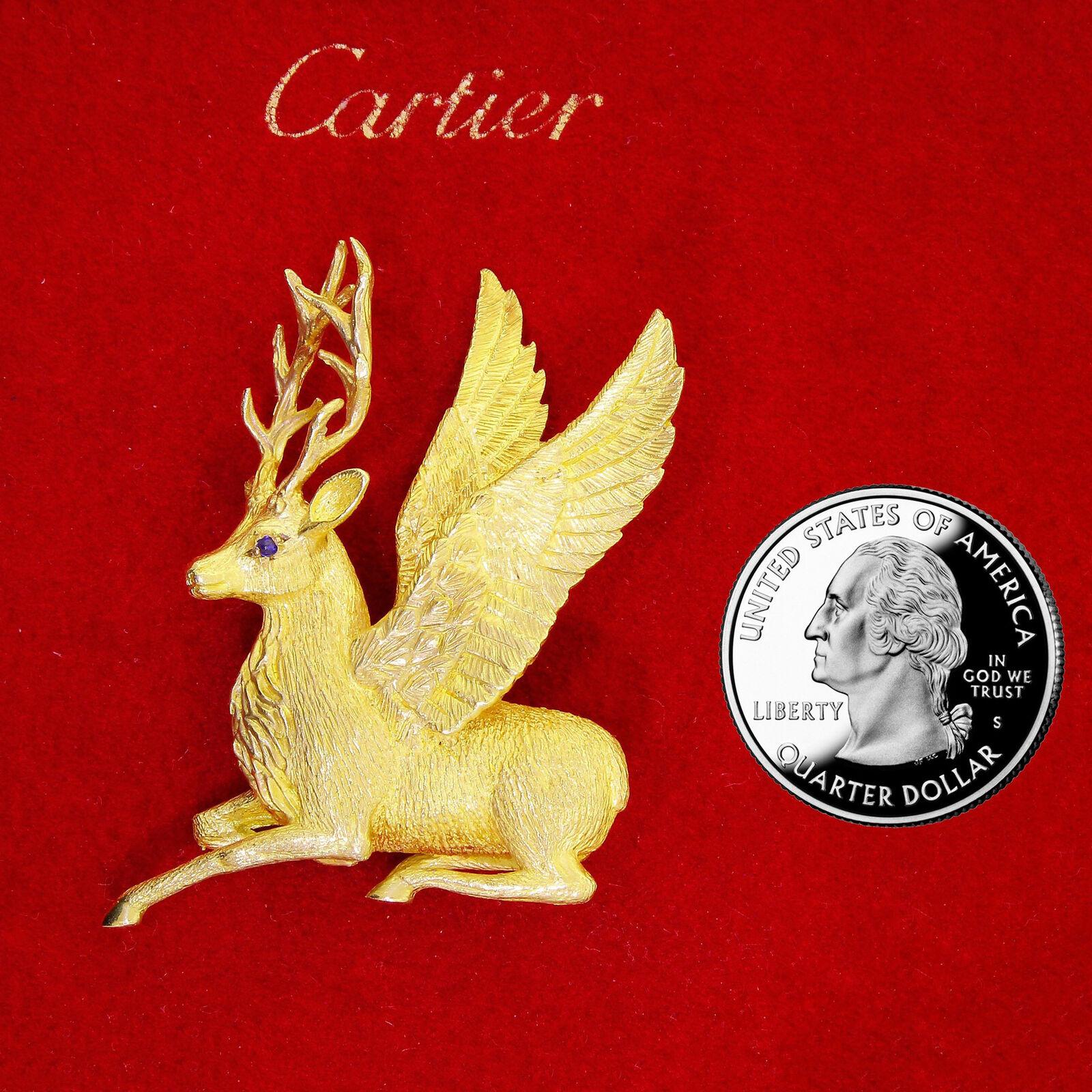 Women's or Men's Exquisite Cartier 18k Solid Gold Holiday Winged Reindeer / Deer Stag Brooch 25Gr