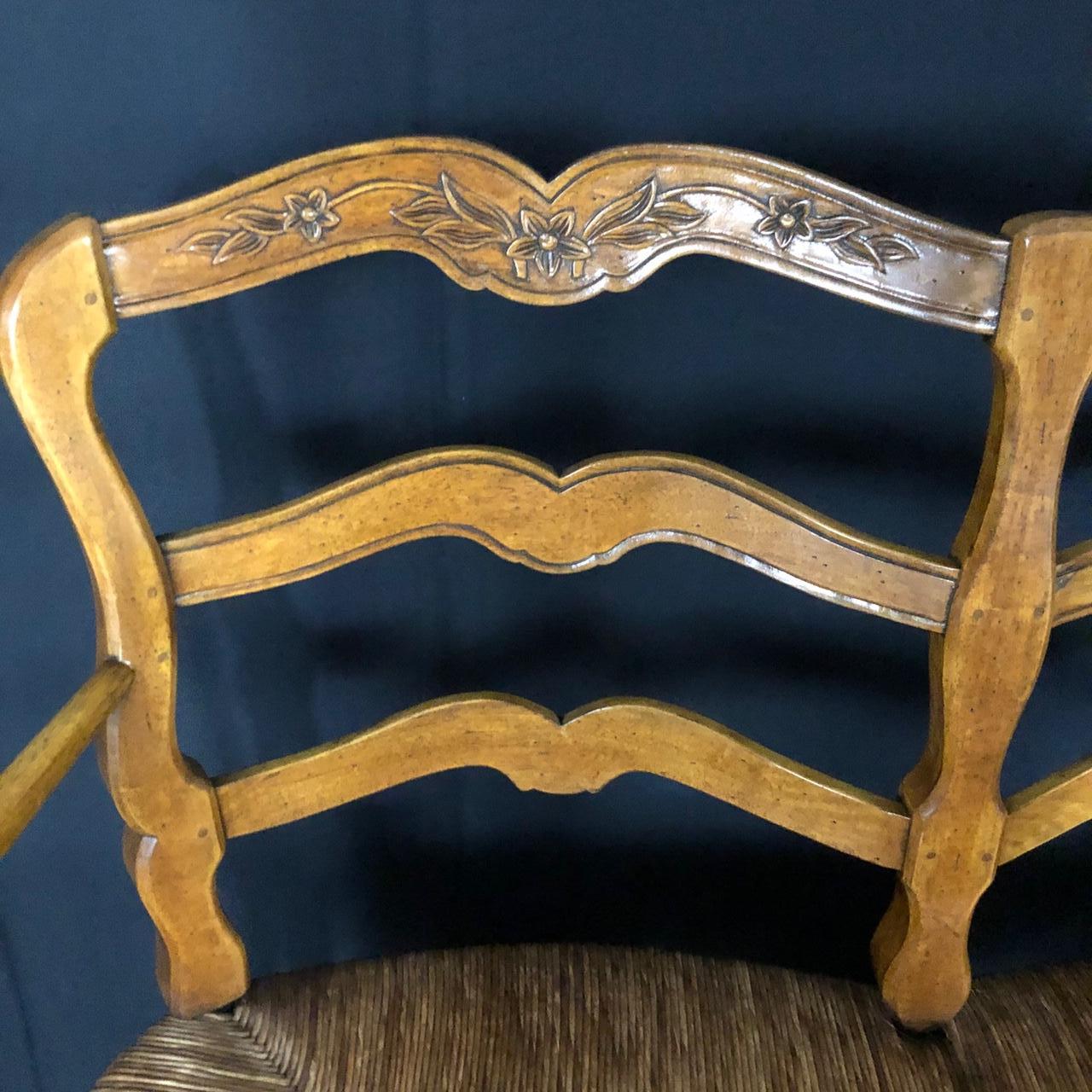Exquisite Carved 19th Century French Walnut Ladderback Bench with Rush Seat In Good Condition In Hopewell, NJ