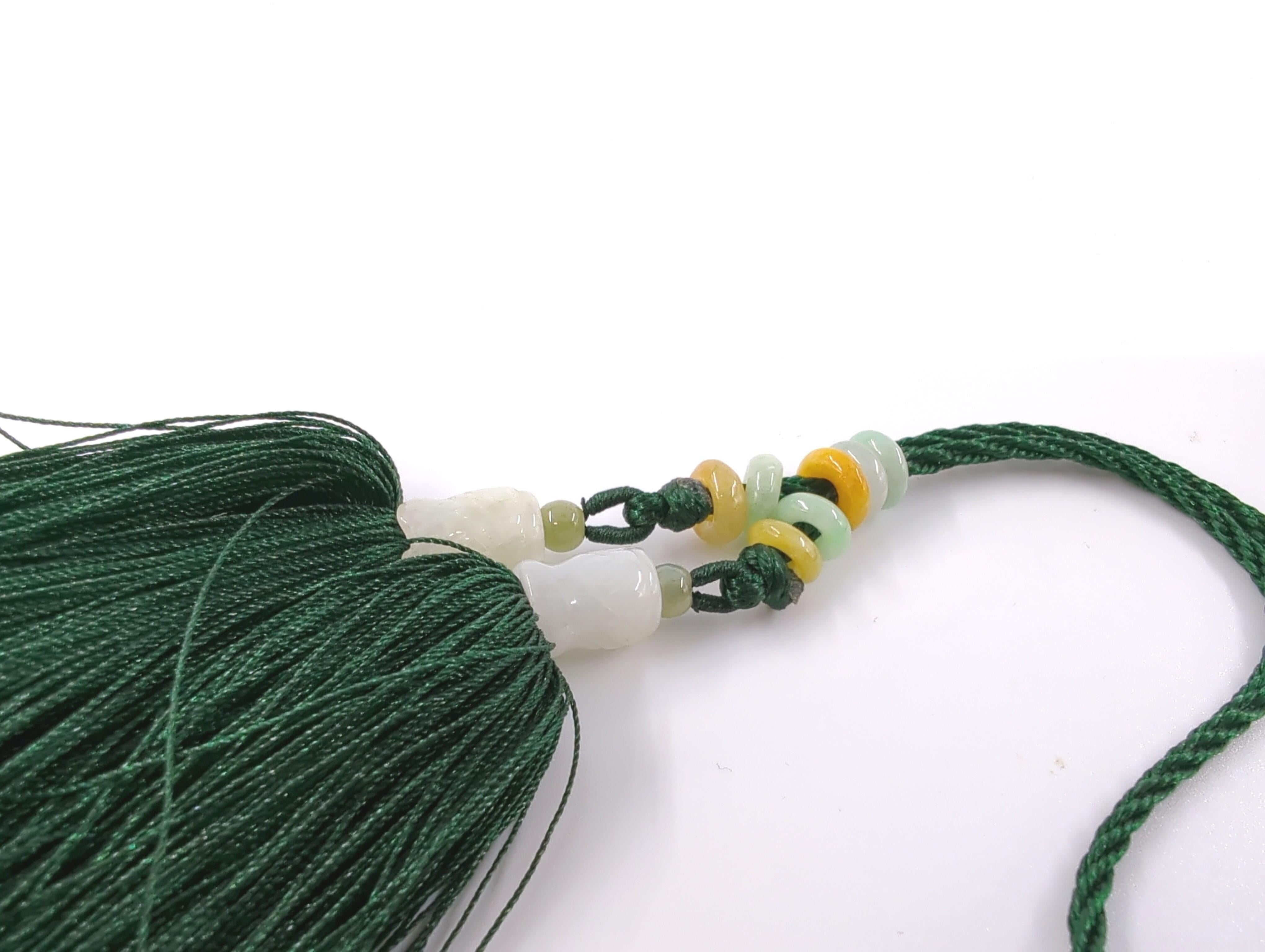 Mixed Cut Exquisite Carved Chinese Jadeite Pixiu Pendant Toggle with Tassels - A Grade For Sale
