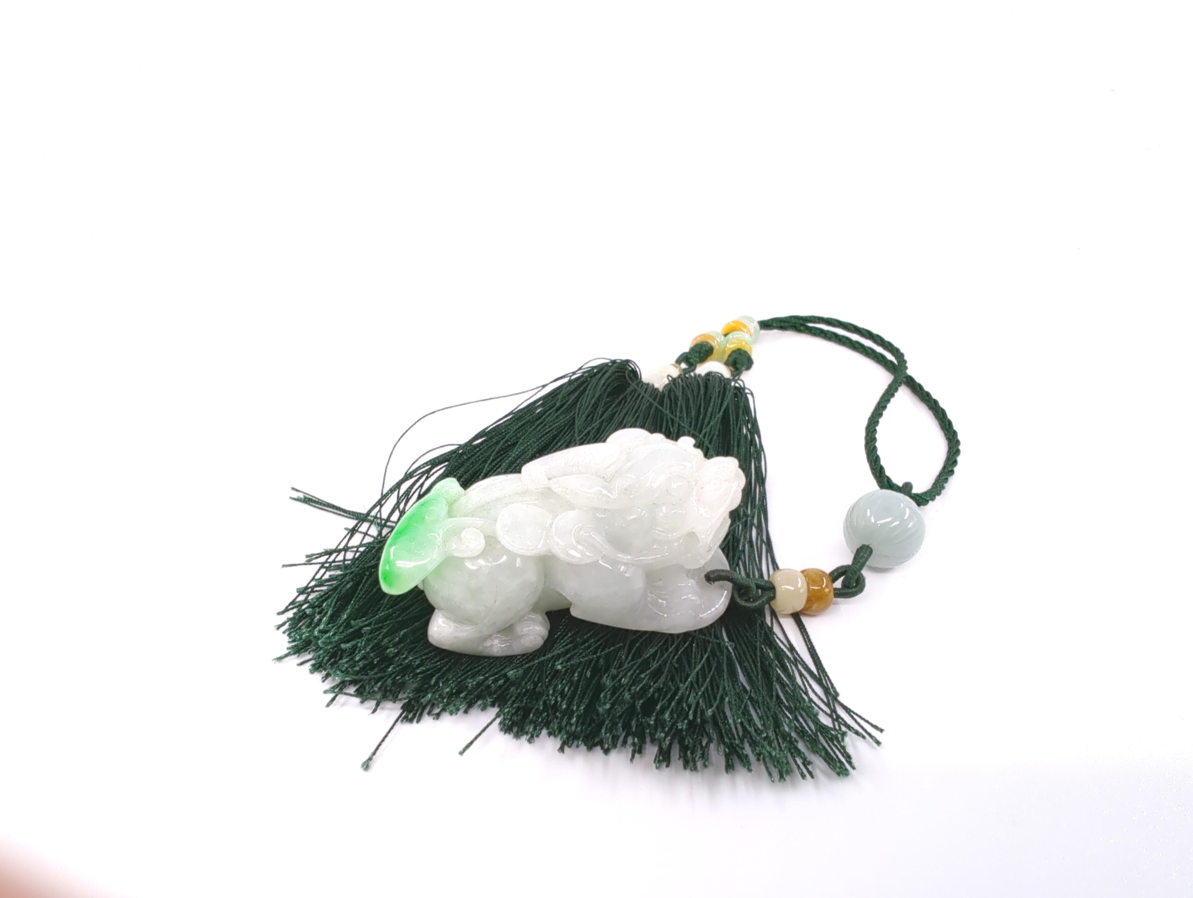 Exquisite Carved Chinese Jadeite Pixiu Pendant Toggle with Tassels - A Grade In Excellent Condition For Sale In Richmond, CA