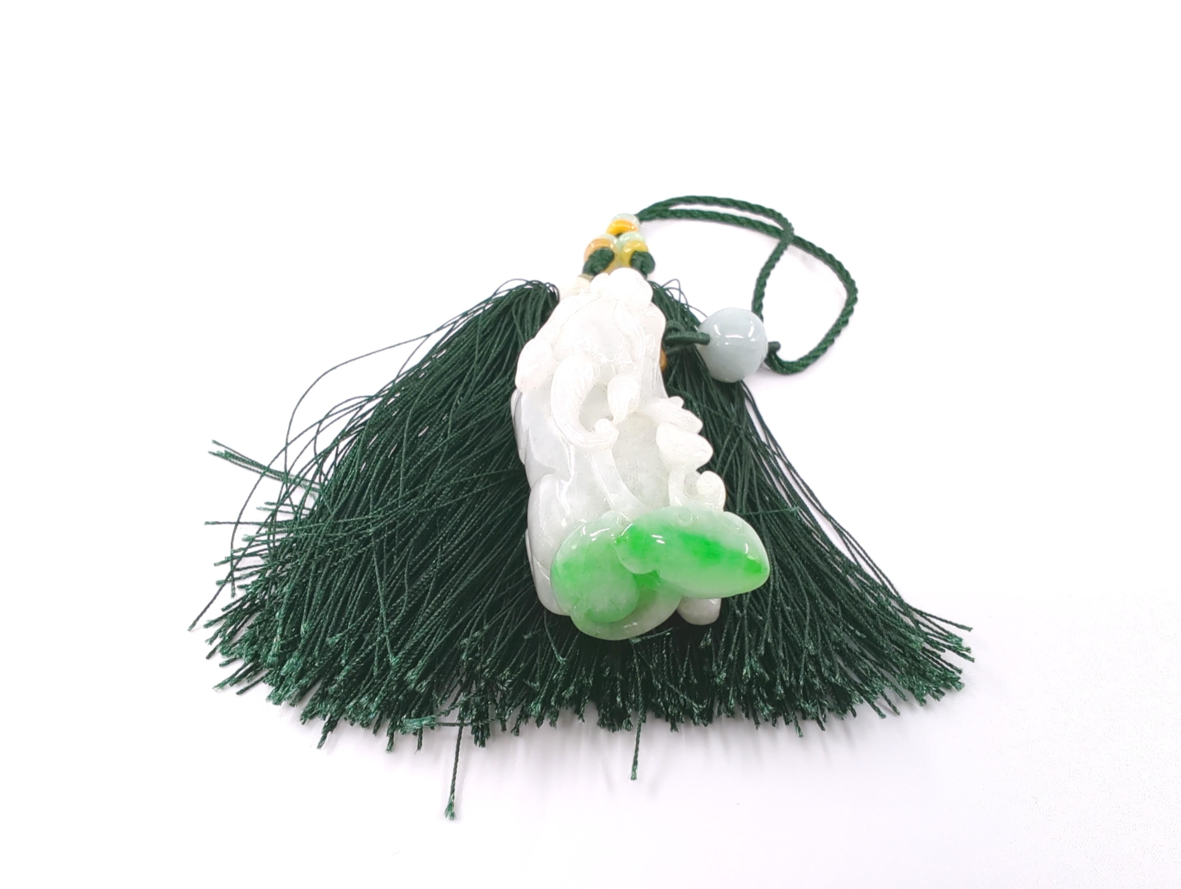 Women's or Men's Exquisite Carved Chinese Jadeite Pixiu Pendant Toggle with Tassels - A Grade For Sale