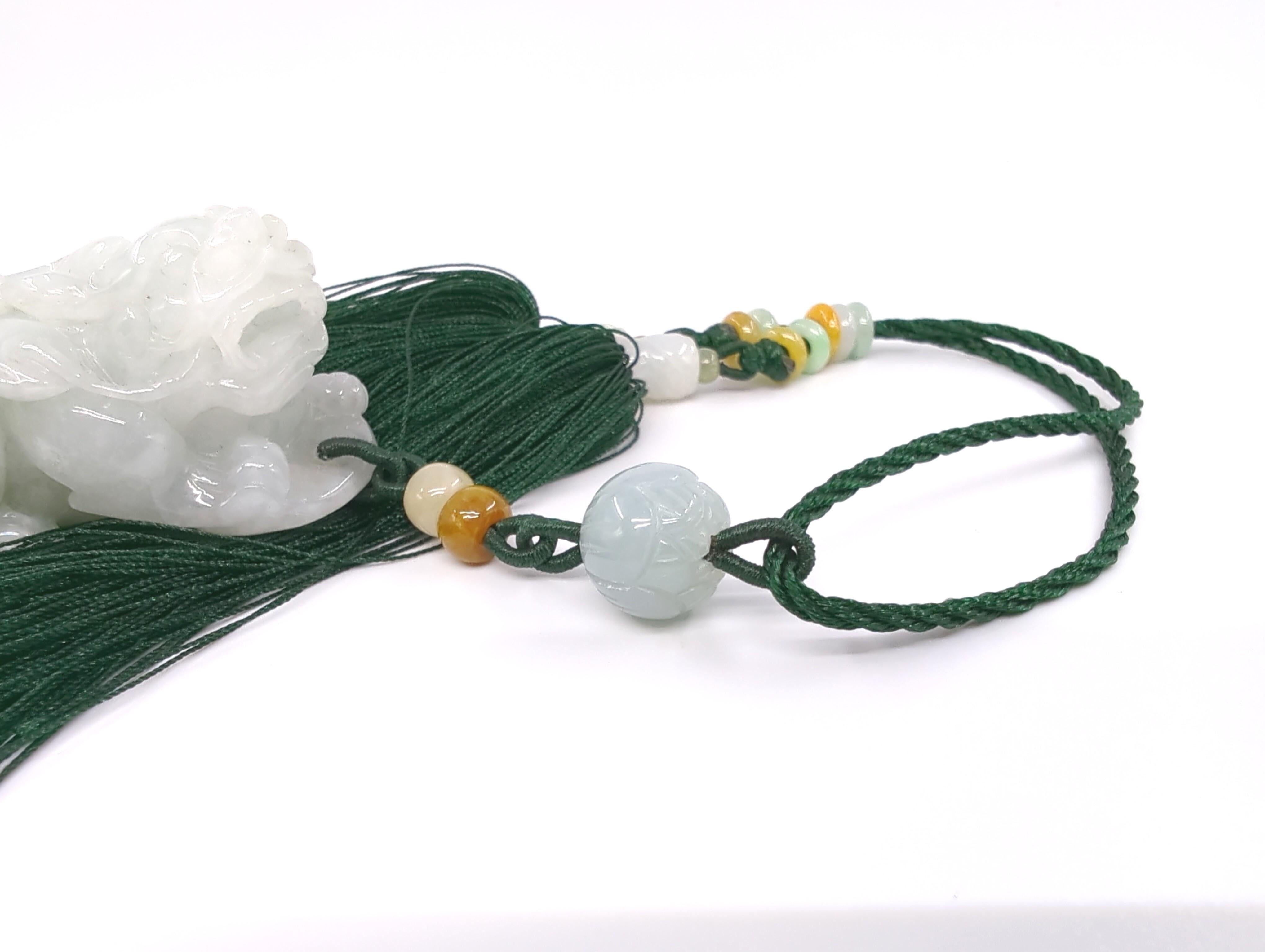 Exquisite Carved Chinese Jadeite Pixiu Pendant Toggle with Tassels - A Grade For Sale 1