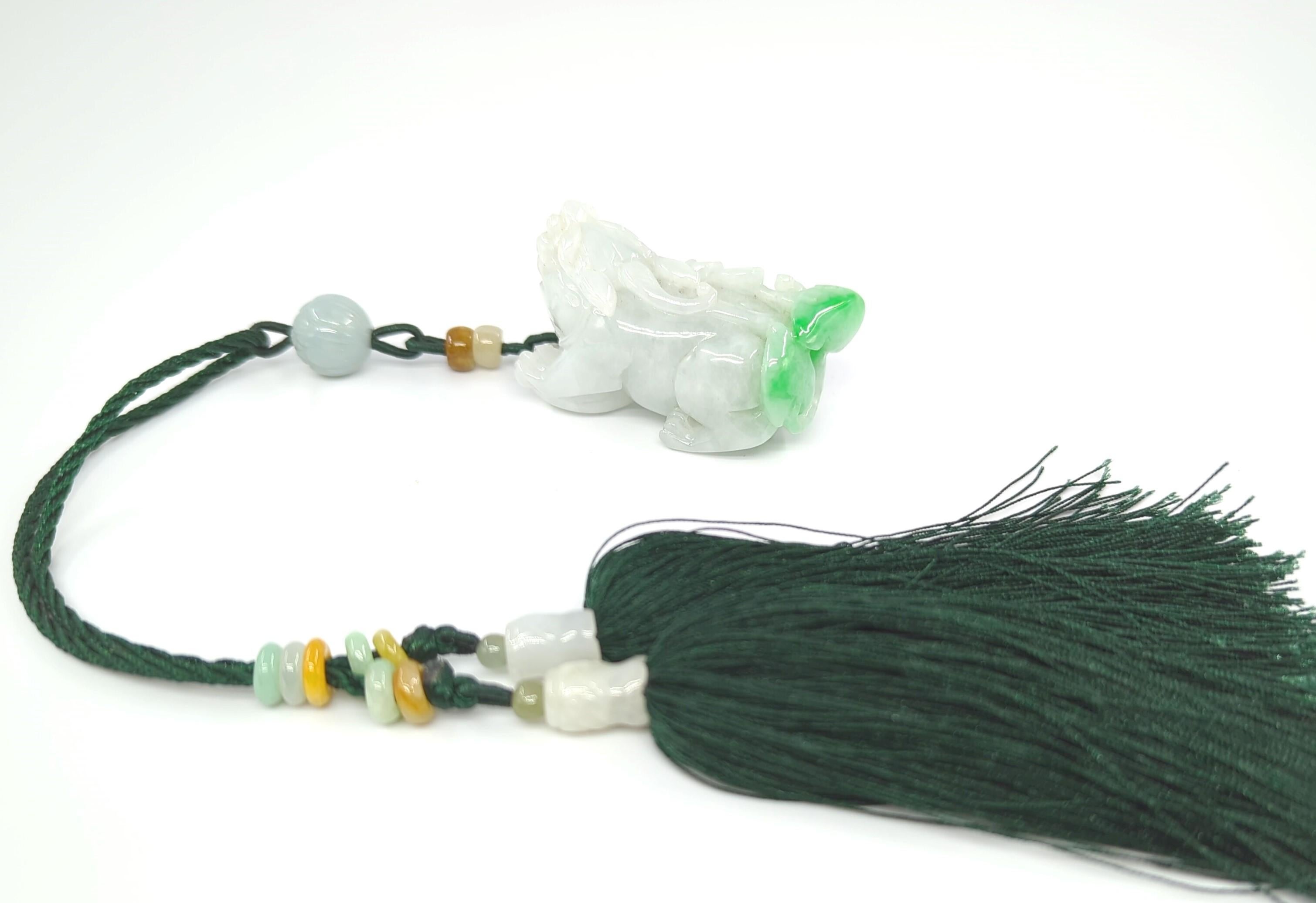 Exquisite Carved Chinese Jadeite Pixiu Pendant Toggle with Tassels - A Grade For Sale 2