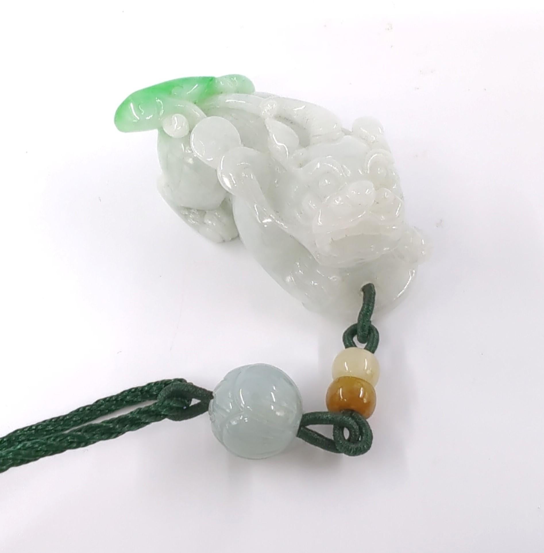 Exquisite Carved Chinese Jadeite Pixiu Pendant Toggle with Tassels - A Grade For Sale 3