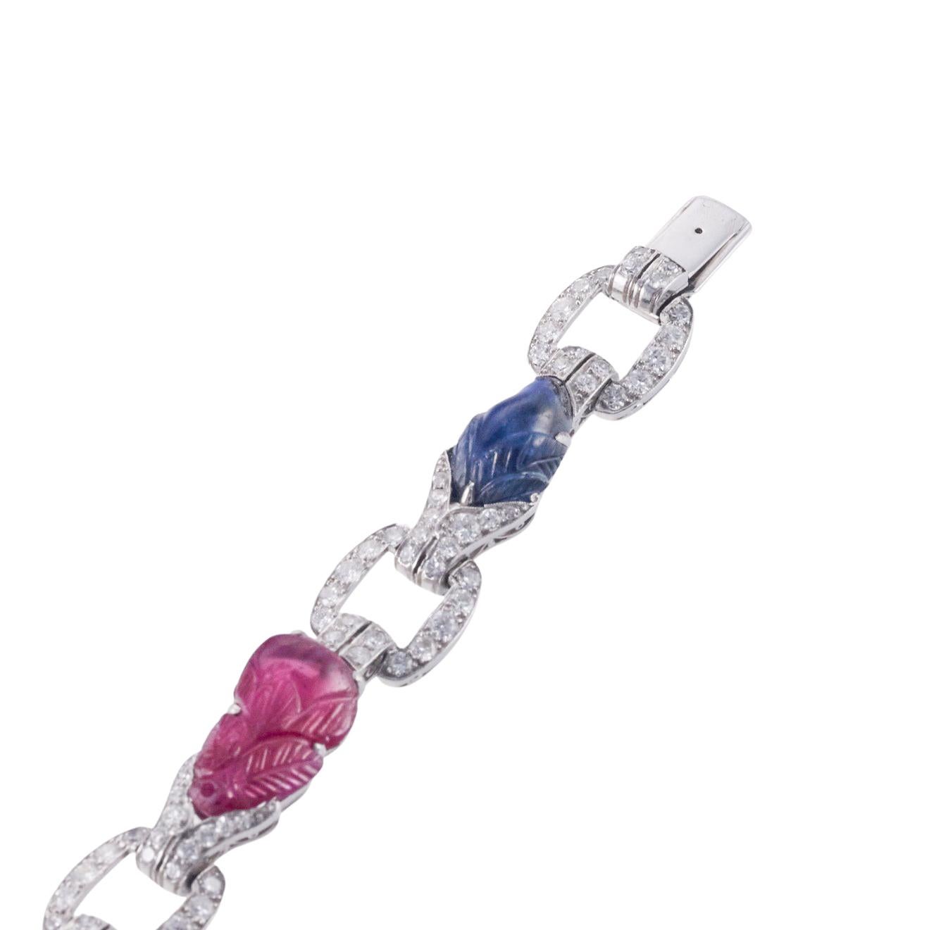 Women's Exquisite Carved Ruby & Sapphire Diamond Gold Bracelet For Sale