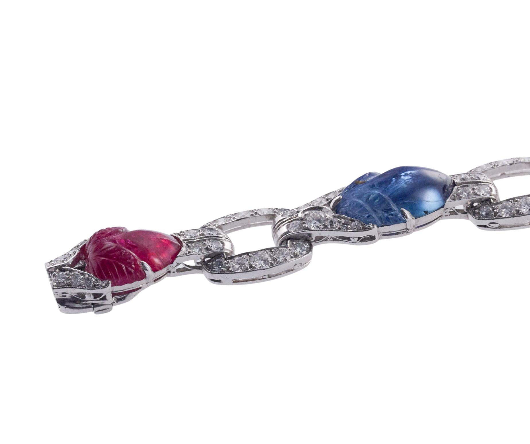 Exquisite Carved Ruby & Sapphire Diamond Gold Bracelet For Sale 1