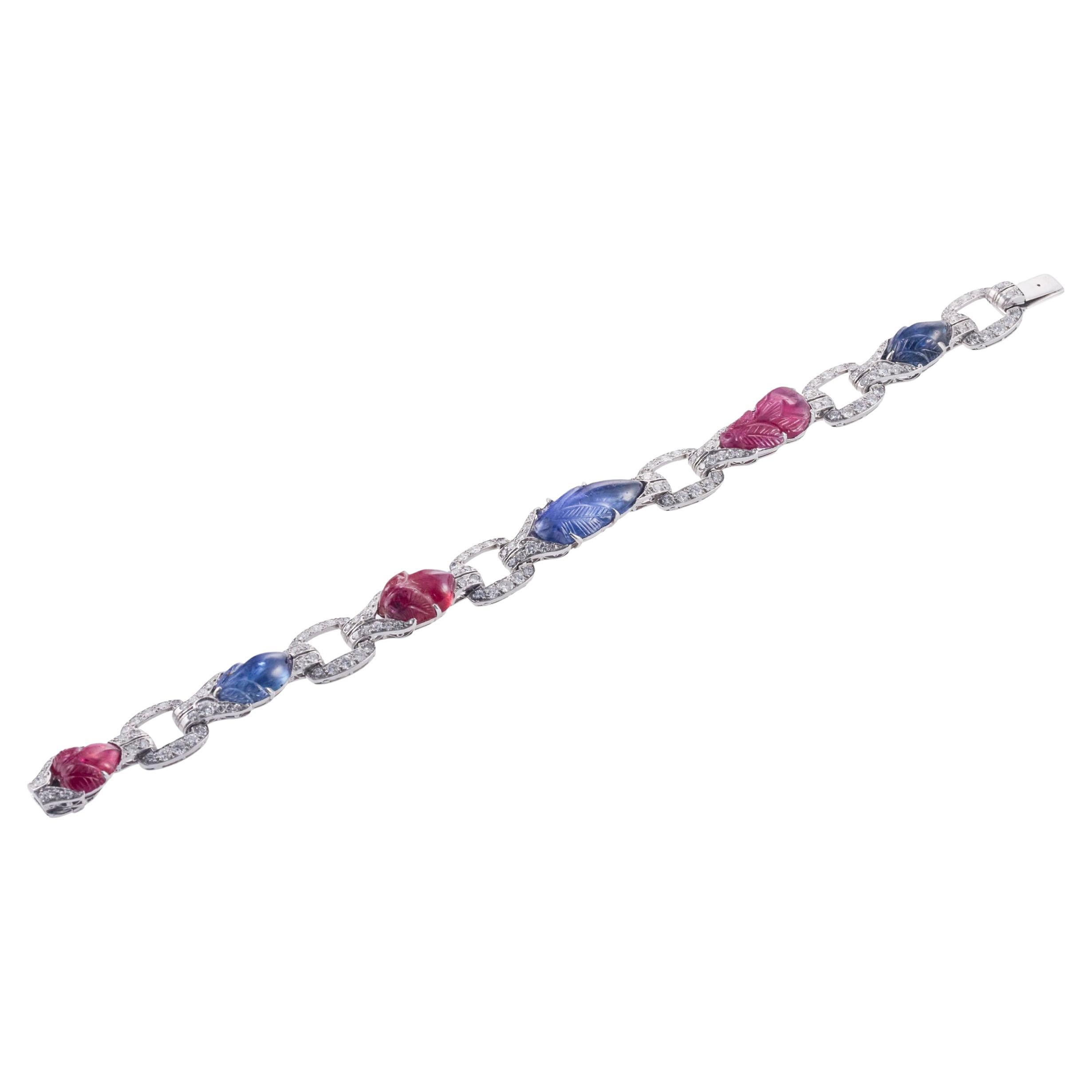 Exquisite Carved Ruby & Sapphire Diamond Gold Bracelet For Sale