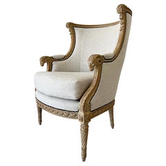 Exquisite Carved Wood Antique Neoclassical Bergere Chair, Newly Upholstered