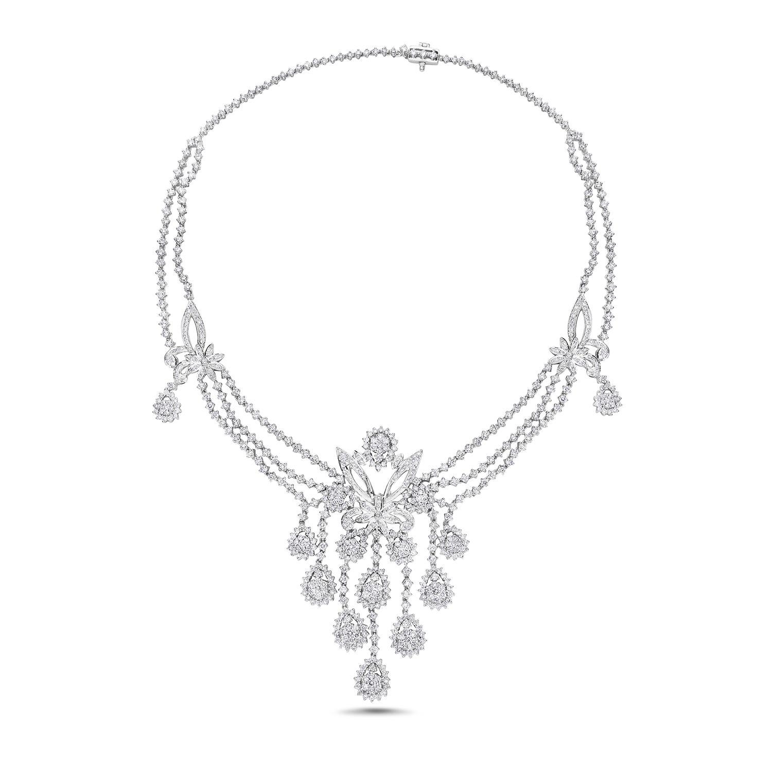 Exquisite kaskadenförmige Diamant-Halskette aus 18k Weißgold (Art déco) im Angebot