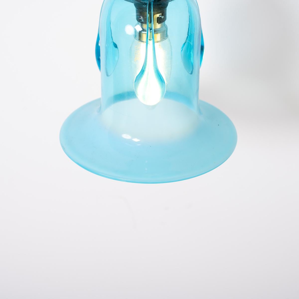 Exquisite Cast Copper Art Nouveau Wall Sconces & Blue Vaseline Glass Bell Shades For Sale 5