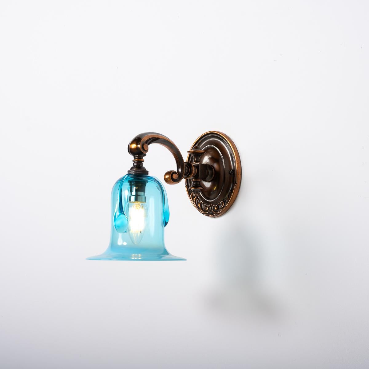 Exquisite Cast Copper Art Nouveau Wall Sconces & Blue Vaseline Glass Bell Shades For Sale 11