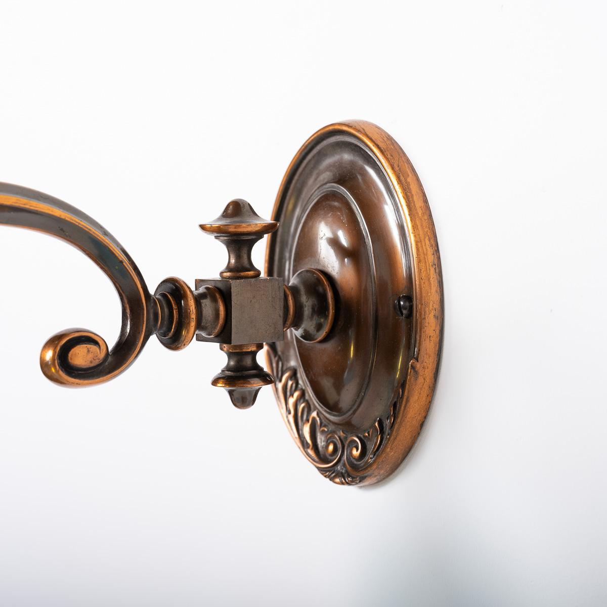 Exquisite Cast Copper Art Nouveau Wall Sconces & Blue Vaseline Glass Bell Shades For Sale 12