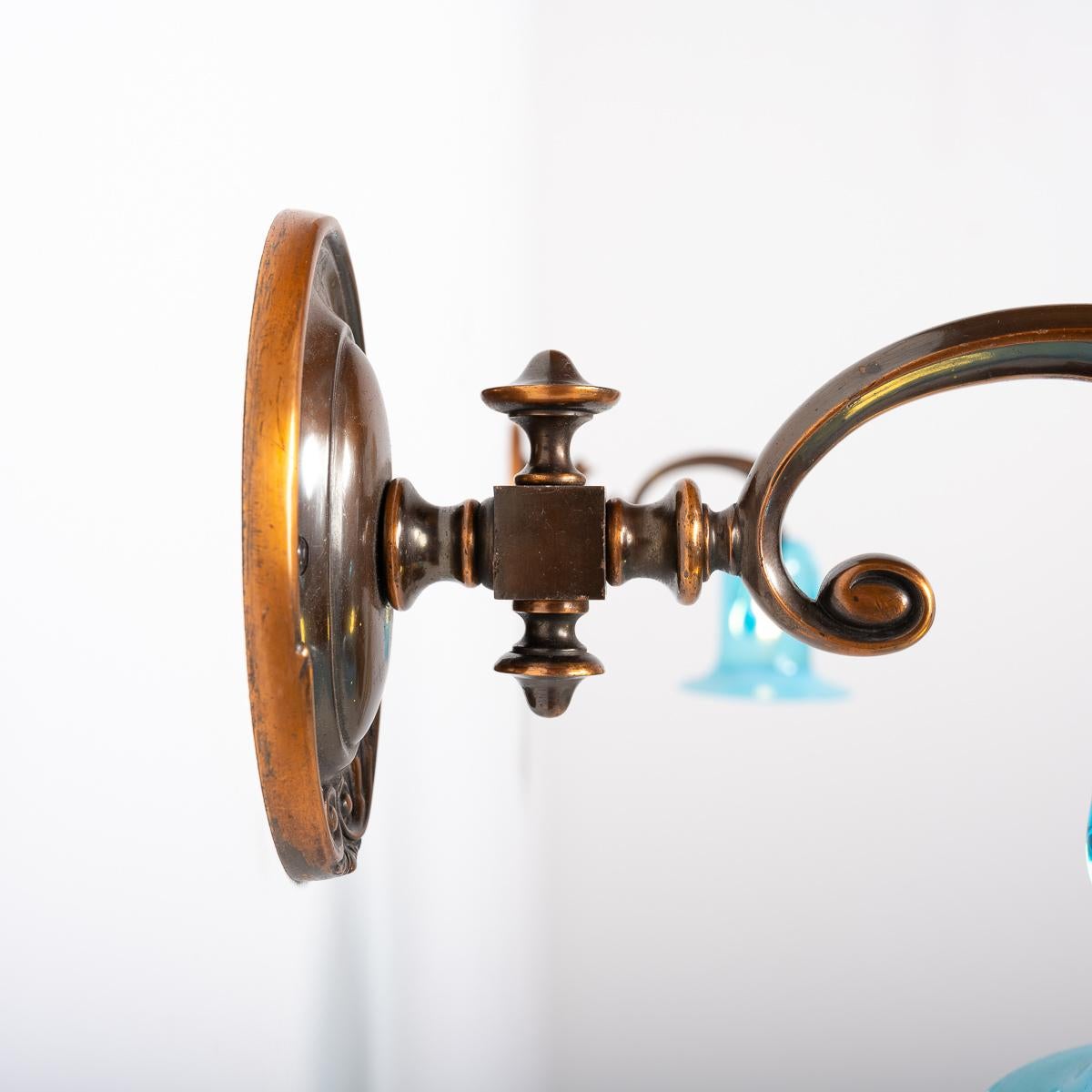 Exquisite Cast Copper Art Nouveau Wall Sconces & Blue Vaseline Glass Bell Shades For Sale 13