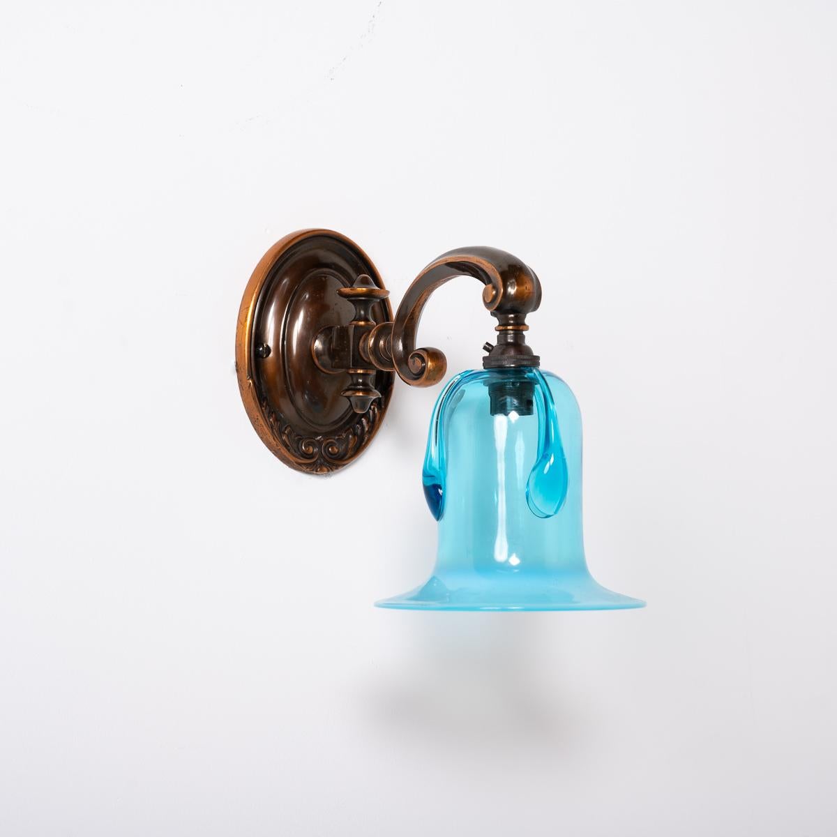 Exquisite Cast Copper Art Nouveau Wall Sconces & Blue Vaseline Glass Bell Shades In Good Condition For Sale In Nottingham, GB