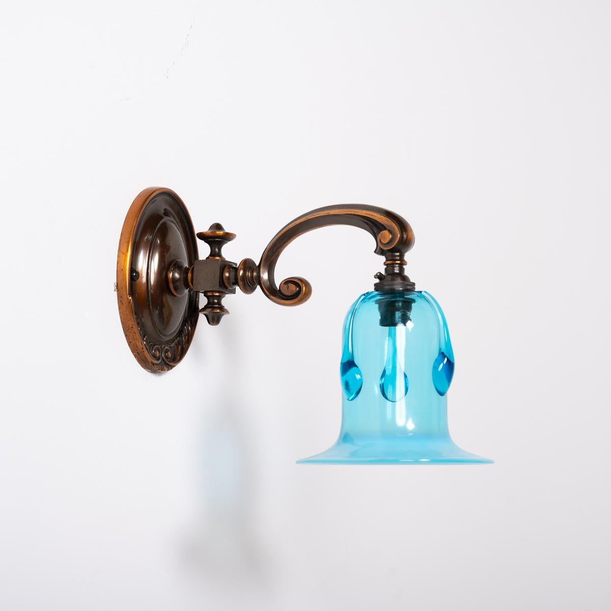 20th Century Exquisite Cast Copper Art Nouveau Wall Sconces & Blue Vaseline Glass Bell Shades For Sale