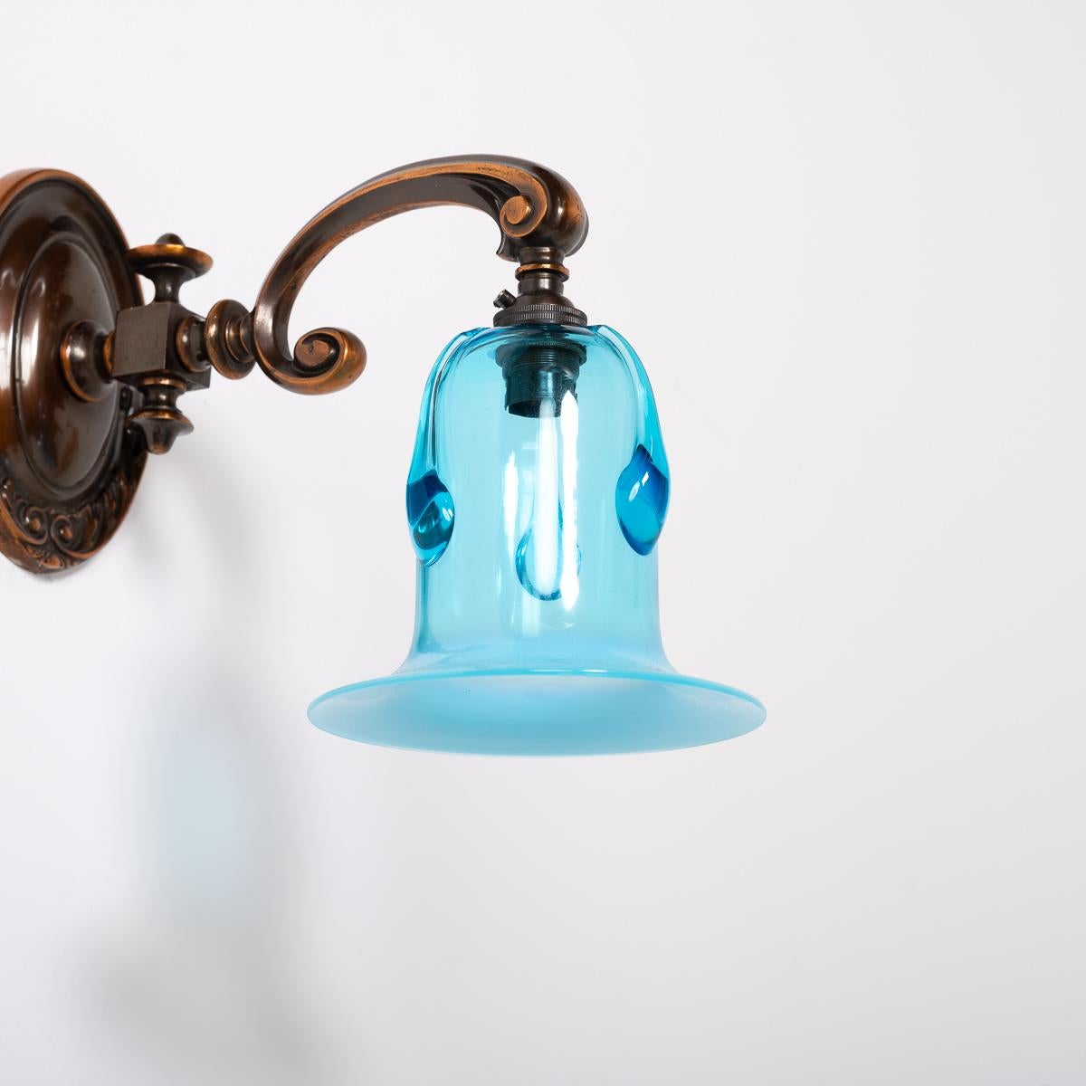Brass Exquisite Cast Copper Art Nouveau Wall Sconces & Blue Vaseline Glass Bell Shades For Sale