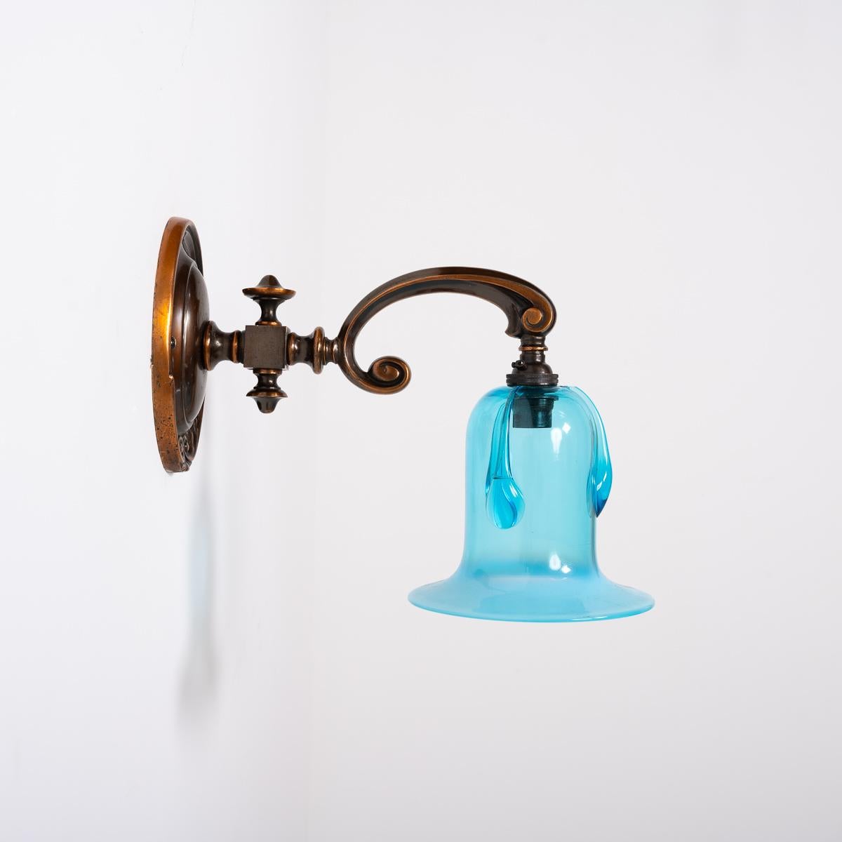 Exquisite Cast Copper Art Nouveau Wall Sconces & Blue Vaseline Glass Bell Shades For Sale 1