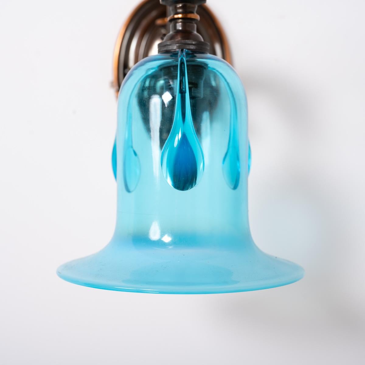Exquisite Cast Copper Art Nouveau Wall Sconces & Blue Vaseline Glass Bell Shades For Sale 2