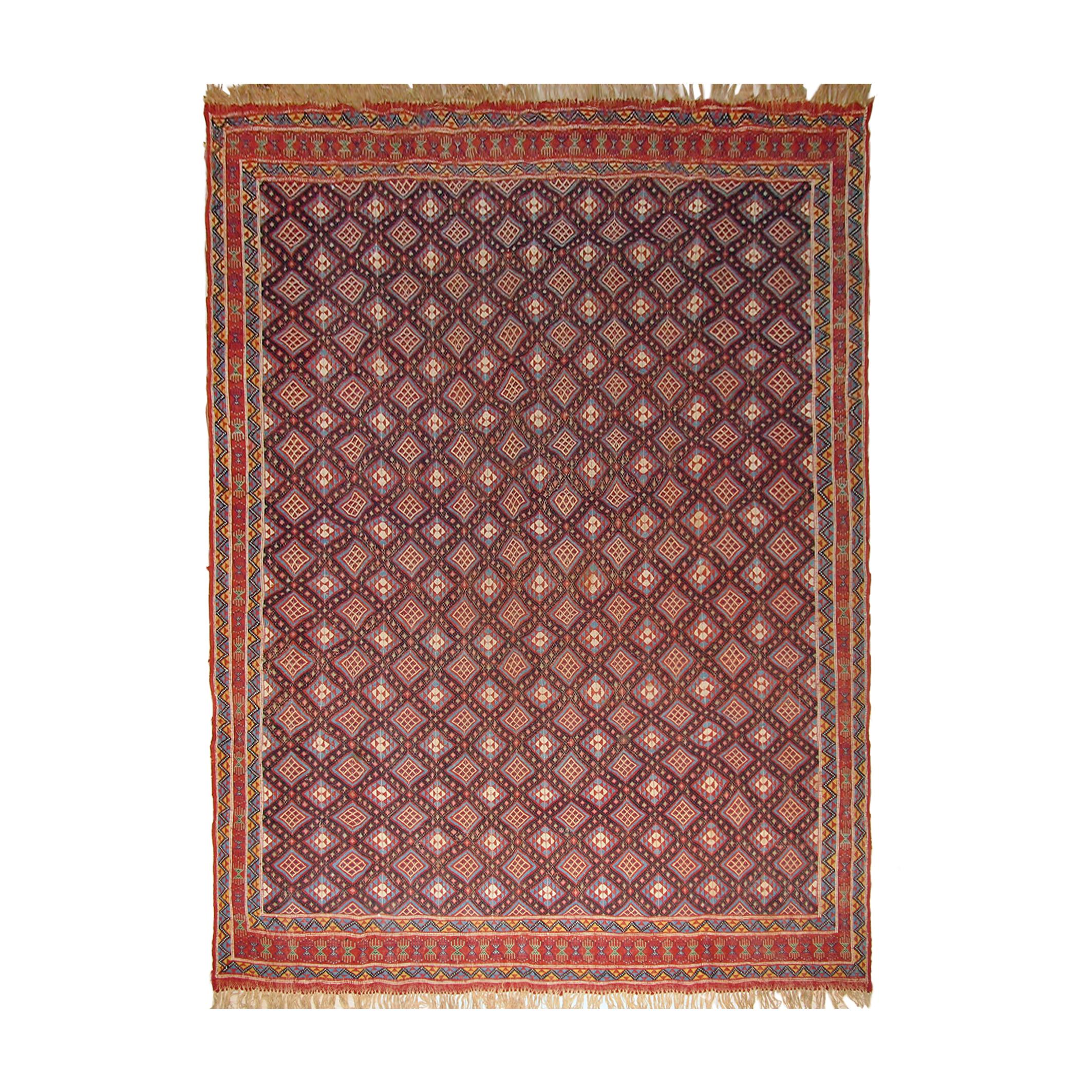 Magnifique tapis caucasien tissé à plat 6,9 pieds x 9,8 pieds des années 1940 en vente