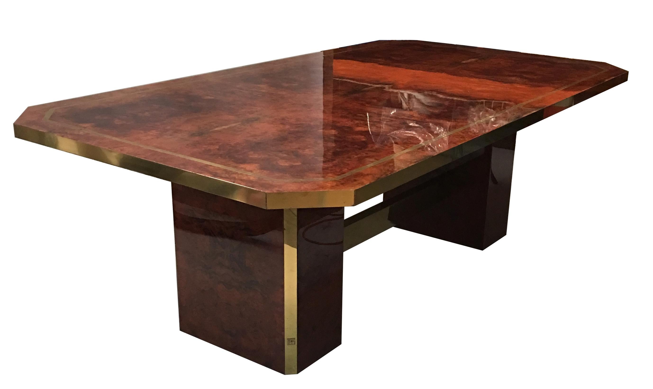 Mid-Century Modern Exquisite Cedar Burl and Brass Dining Table by Jean Claude Mahey For Sale