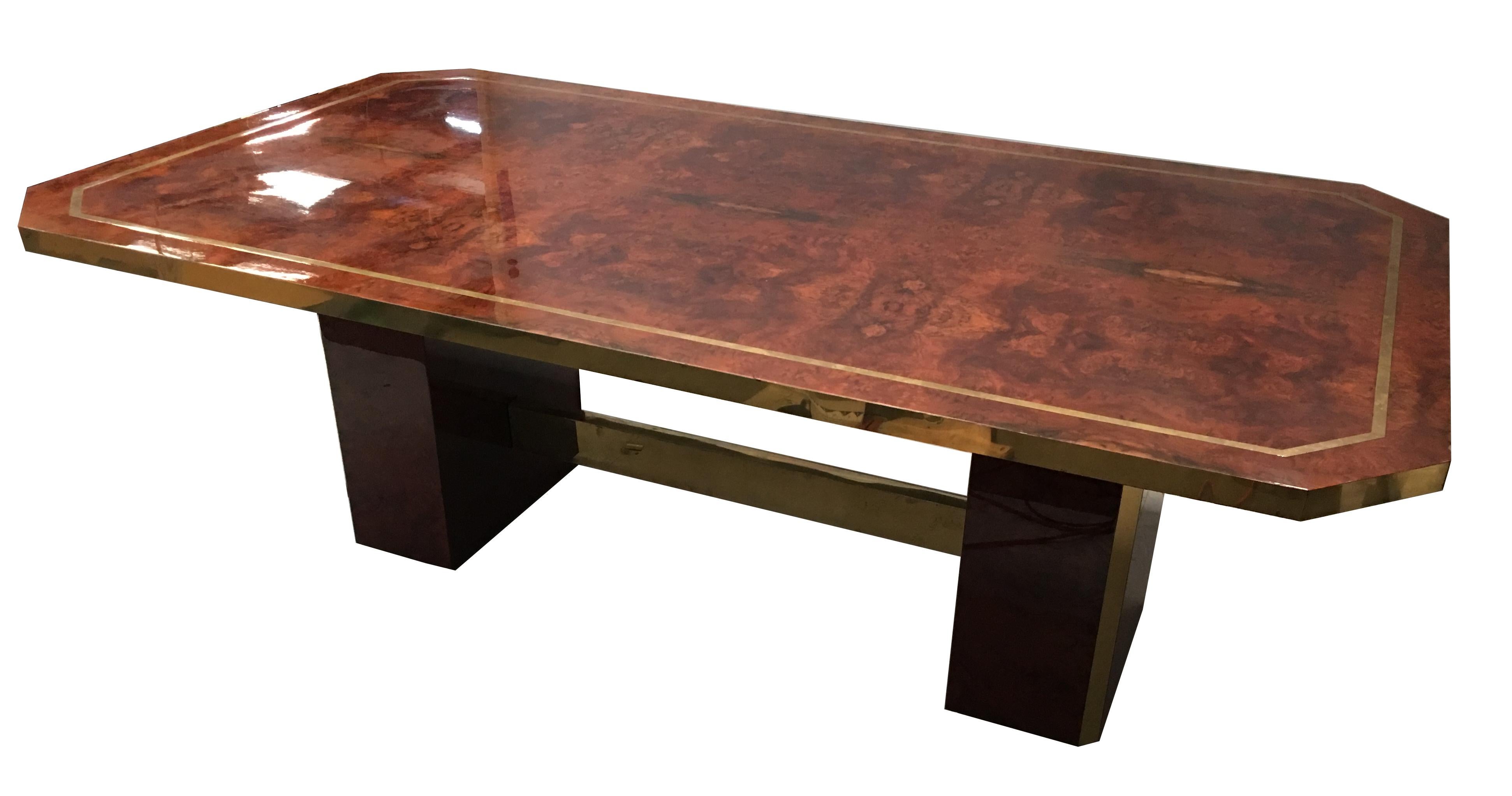 French Exquisite Cedar Burl and Brass Dining Table by Jean Claude Mahey For Sale