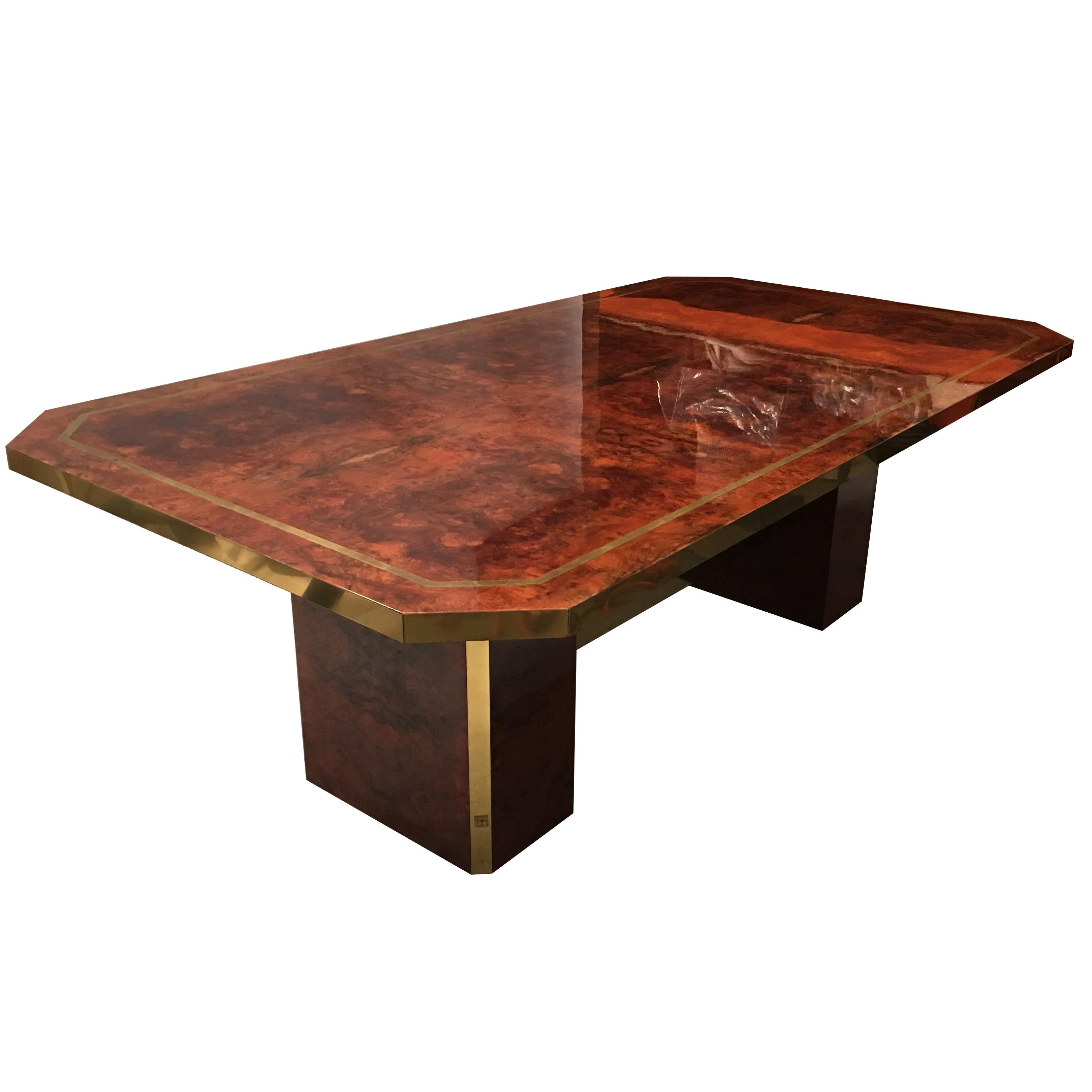 Exquisite Cedar Burl and Brass Dining Table by Jean Claude Mahey For Sale