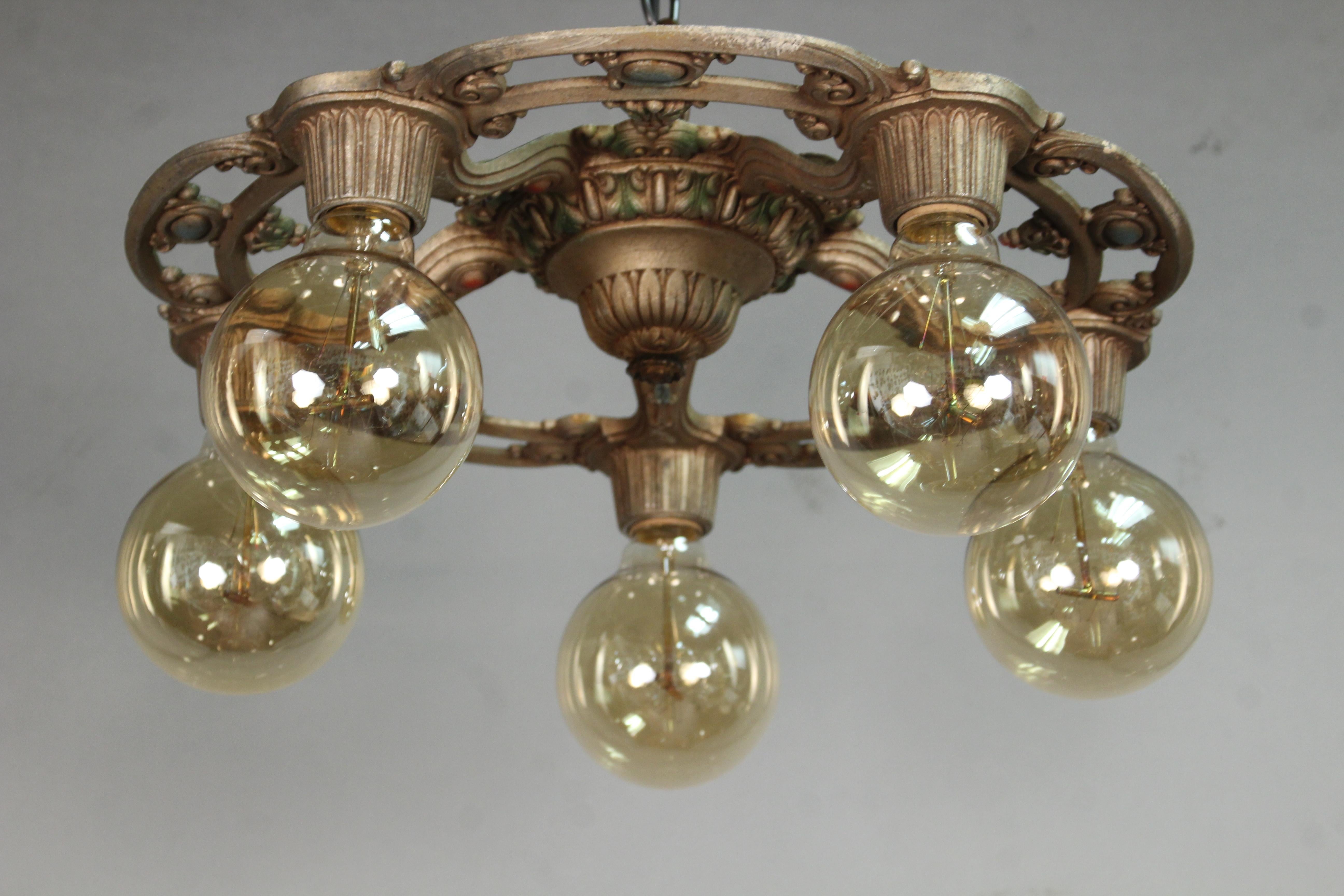 Polychrome details in red and green on metal, down light ceiling mount, circa 1920s.