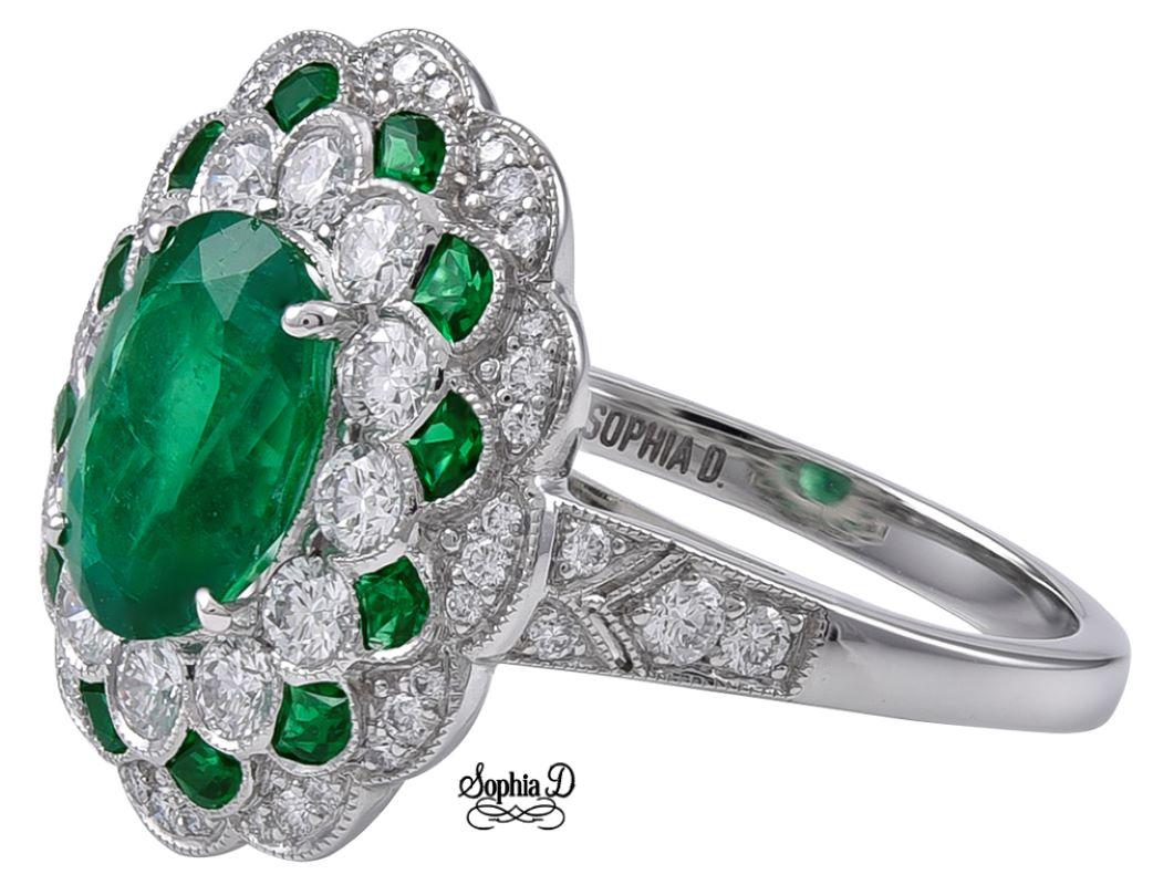 Certified 2.33 Carat Emerald accentuated with .25 carats of emeralds and 1.15 carats of diamonds platinum Art Deco Ring by Sophia D.

Sophia D by Joseph Dardashti LTD has been known worldwide for 35 years and are inspired by classic Art Deco design