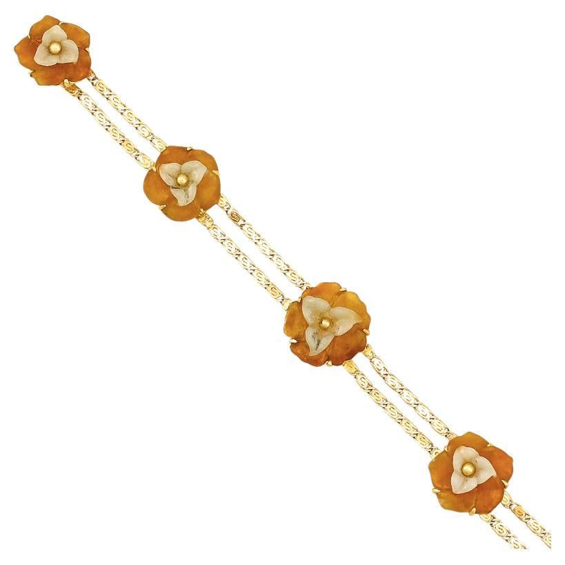 GIA Certified Art Deco Carved Natural Jadeite Jade Gold Bracelet For