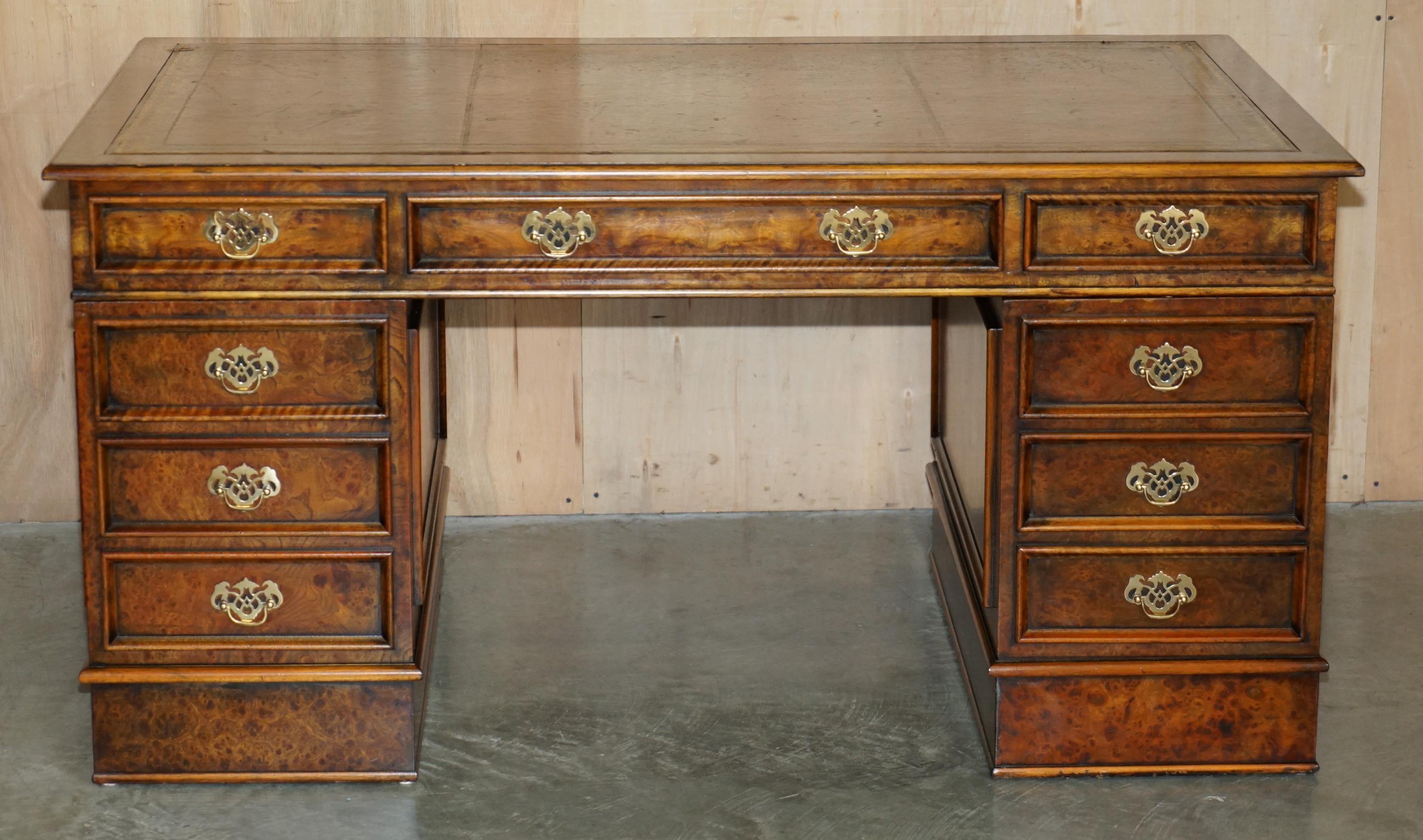 EXQUISITE CHARLES LOWE & SONS BURR WALNUT BROWN LEATHER PEDESTAL DESK SLIP TRAYs 3