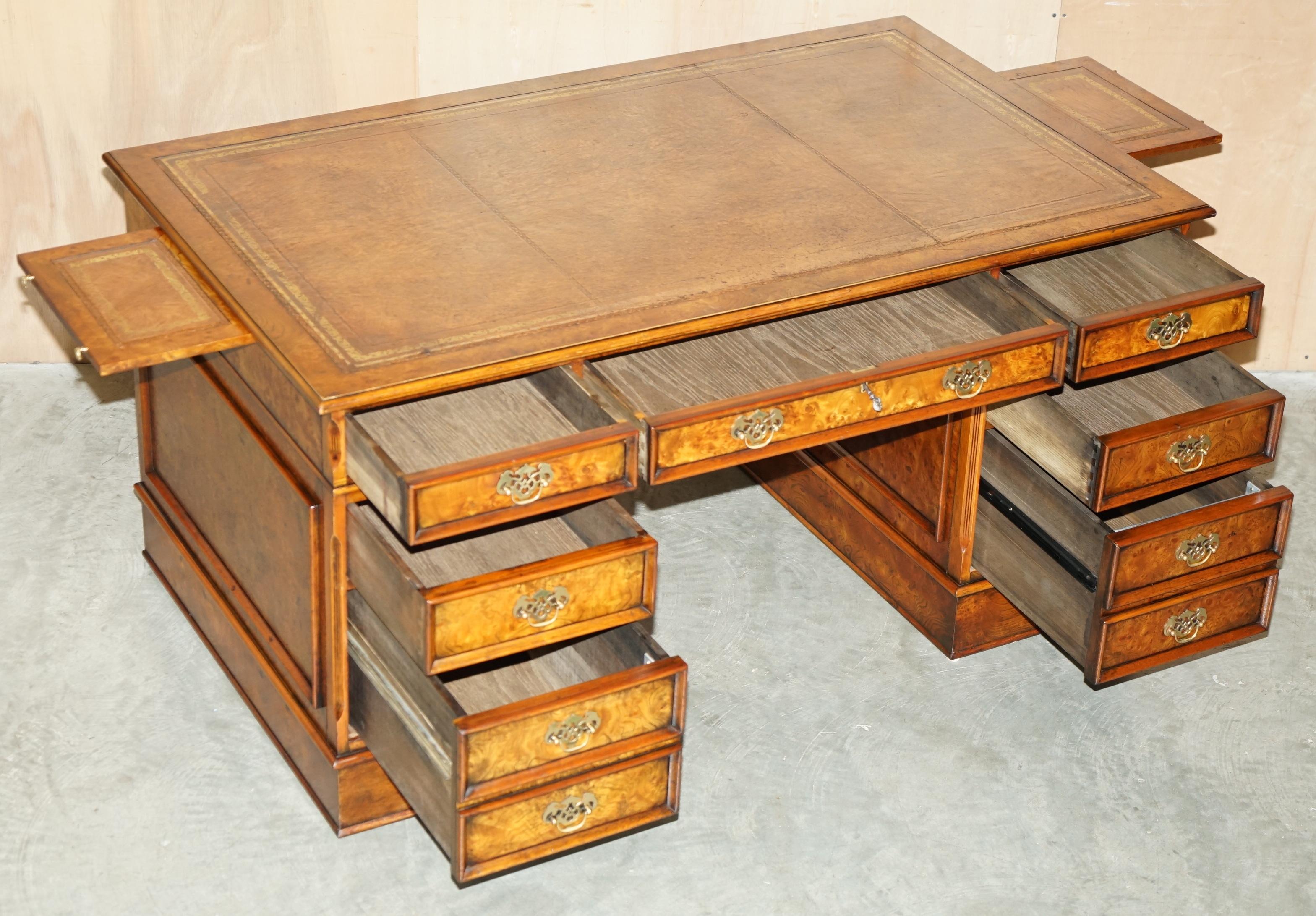 EXQUISITE CHARLES LOWE & SONS BURR WALNUT BROWN LEATHER PEDESTAL DESK SLIP TRAYs 6
