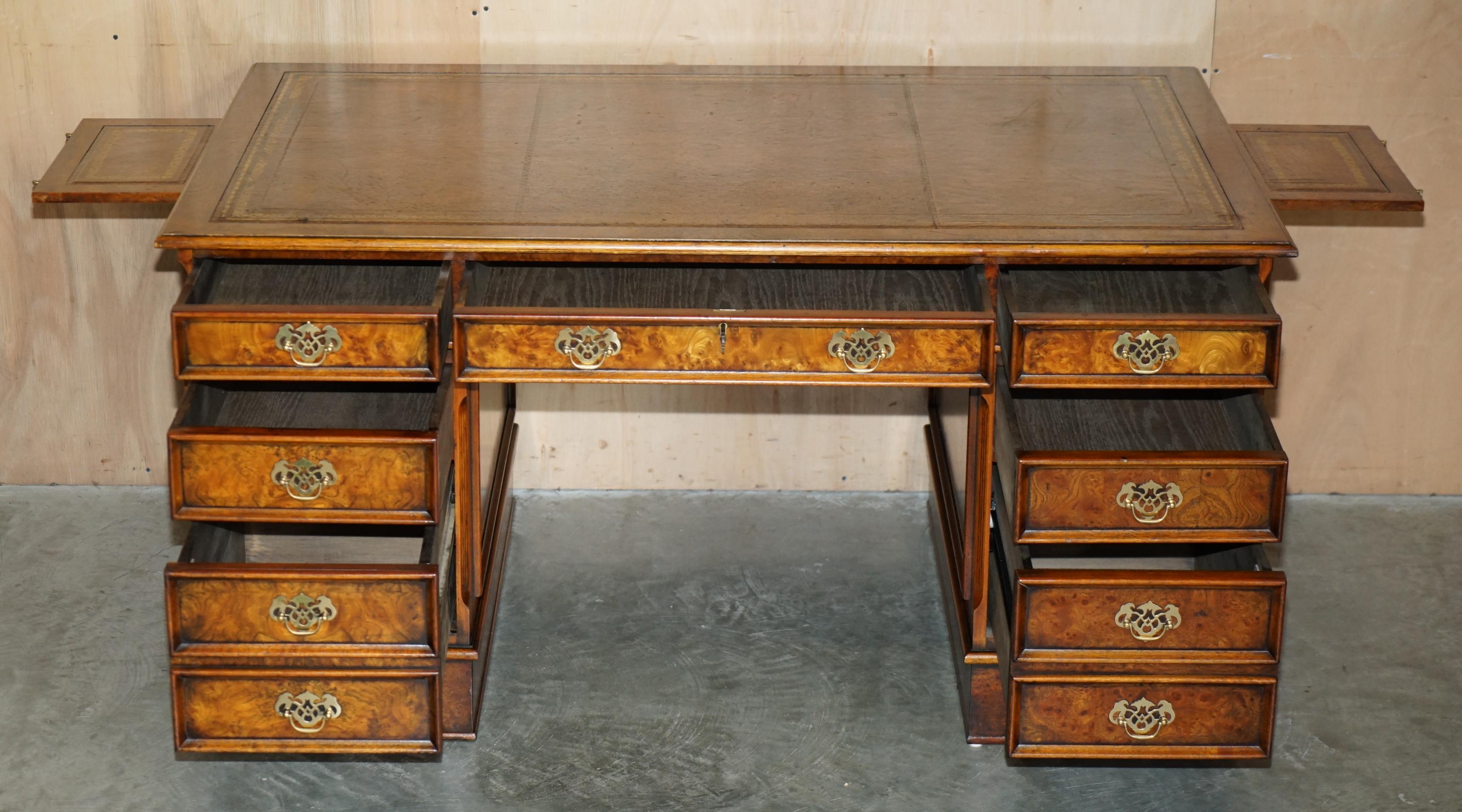 EXQUISITE CHARLES LOWE & SONS BURR WALNUT BROWN LEATHER PEDESTAL DESK SLIP TRAYs 7