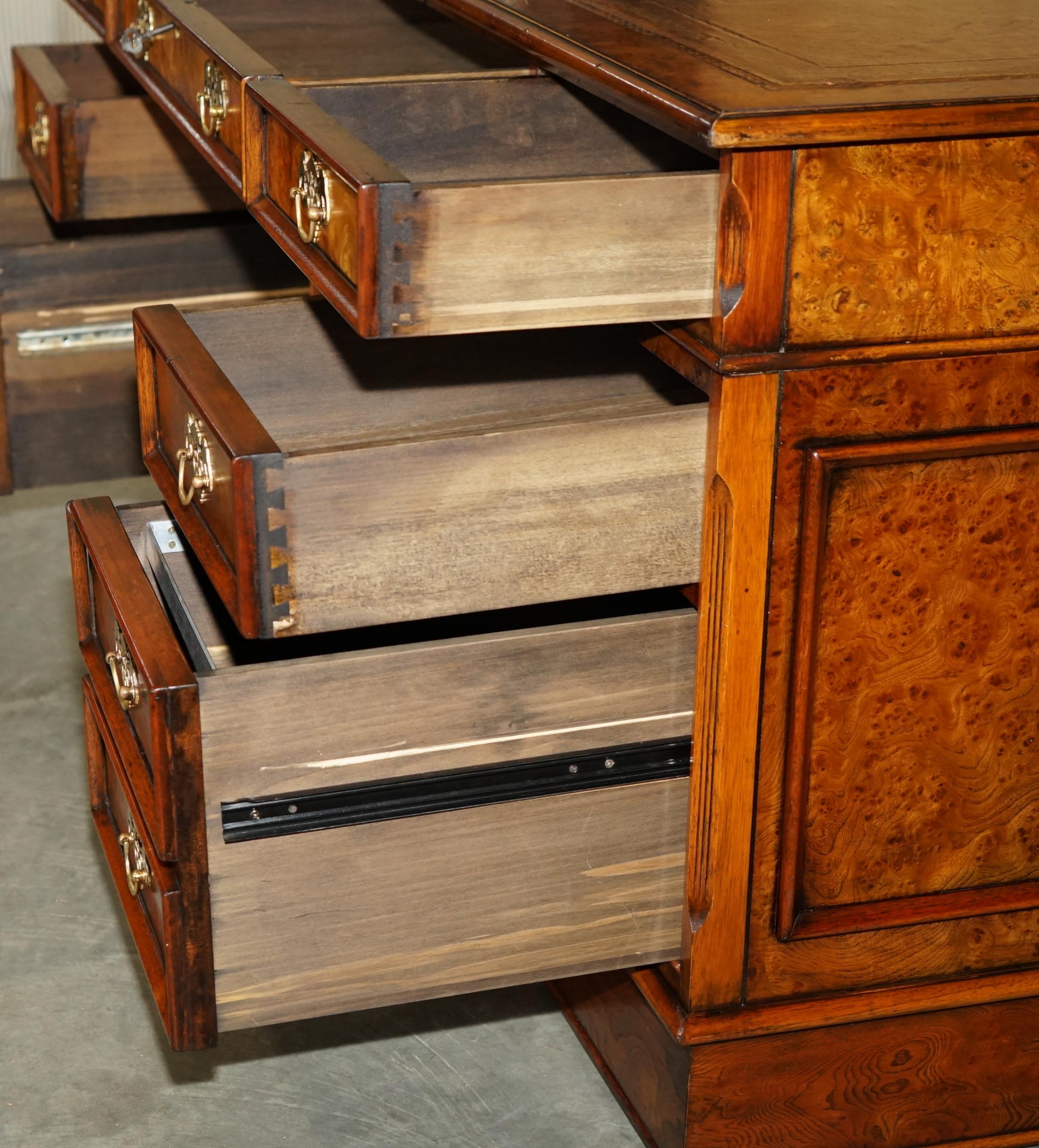 EXQUISITE CHARLES LOWE & SONS BURR WALNUT BROWN LEATHER PEDESTAL DESK SLIP TRAYs 9