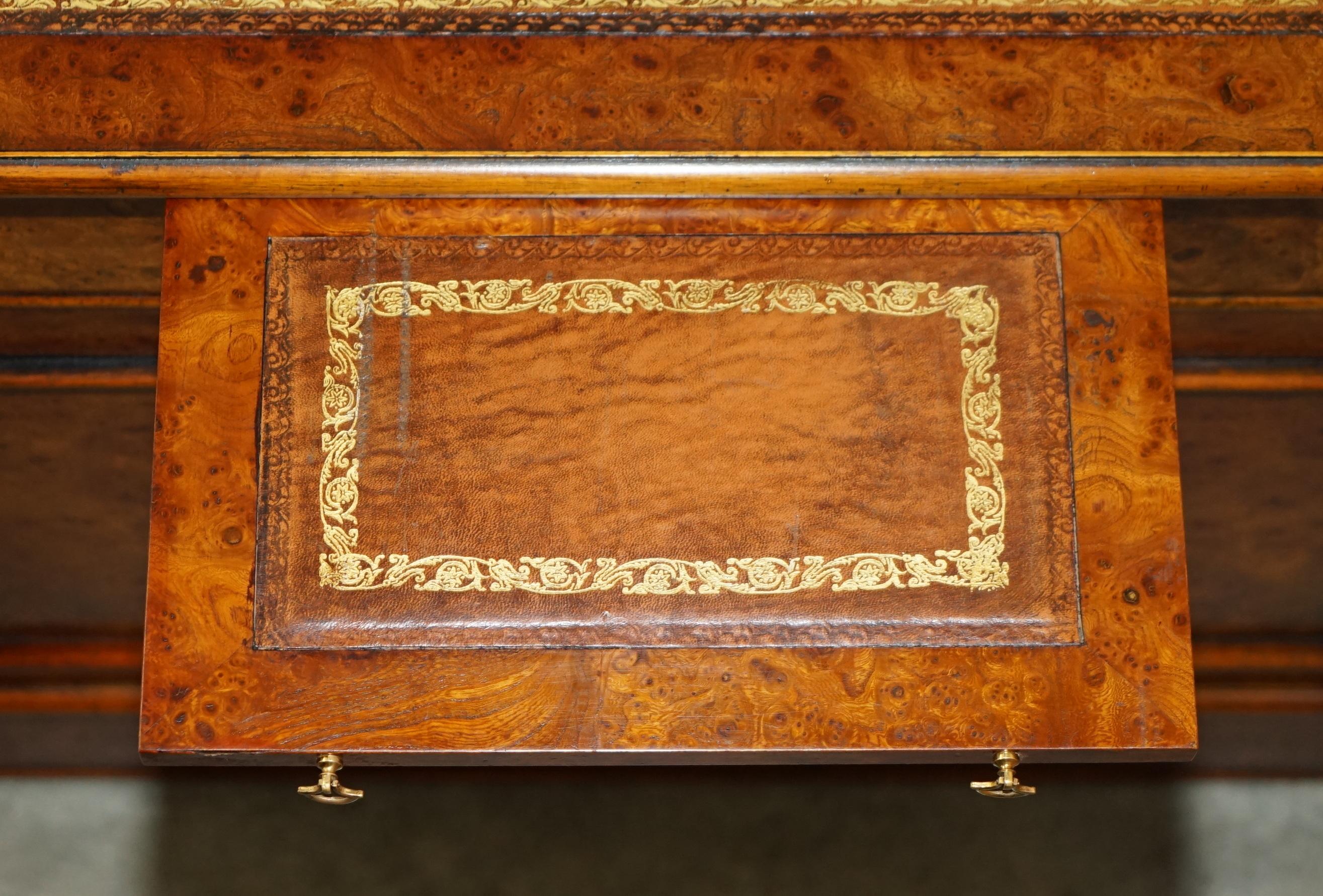 EXQUISITE CHARLES LOWE & SONS BURR WALNUT BROWN LEATHER PEDESTAL DESK SLIP TRAYs 10