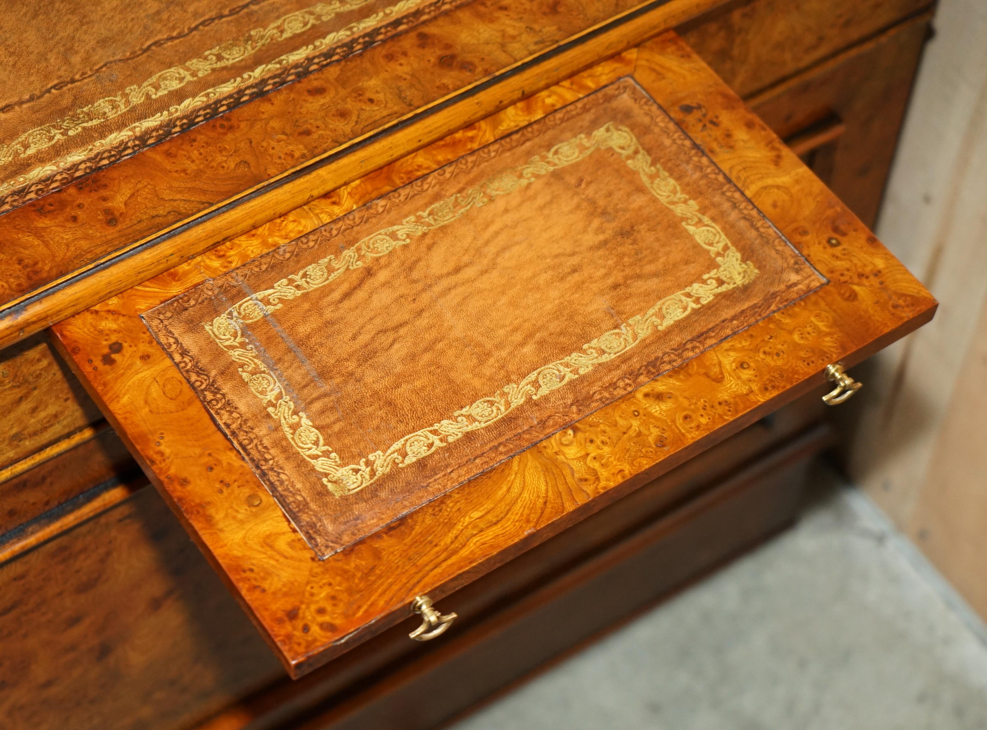 EXQUISITE CHARLES LOWE & SONS BURR WALNUT BROWN LEATHER PEDESTAL DESK SLIP TRAYs 11