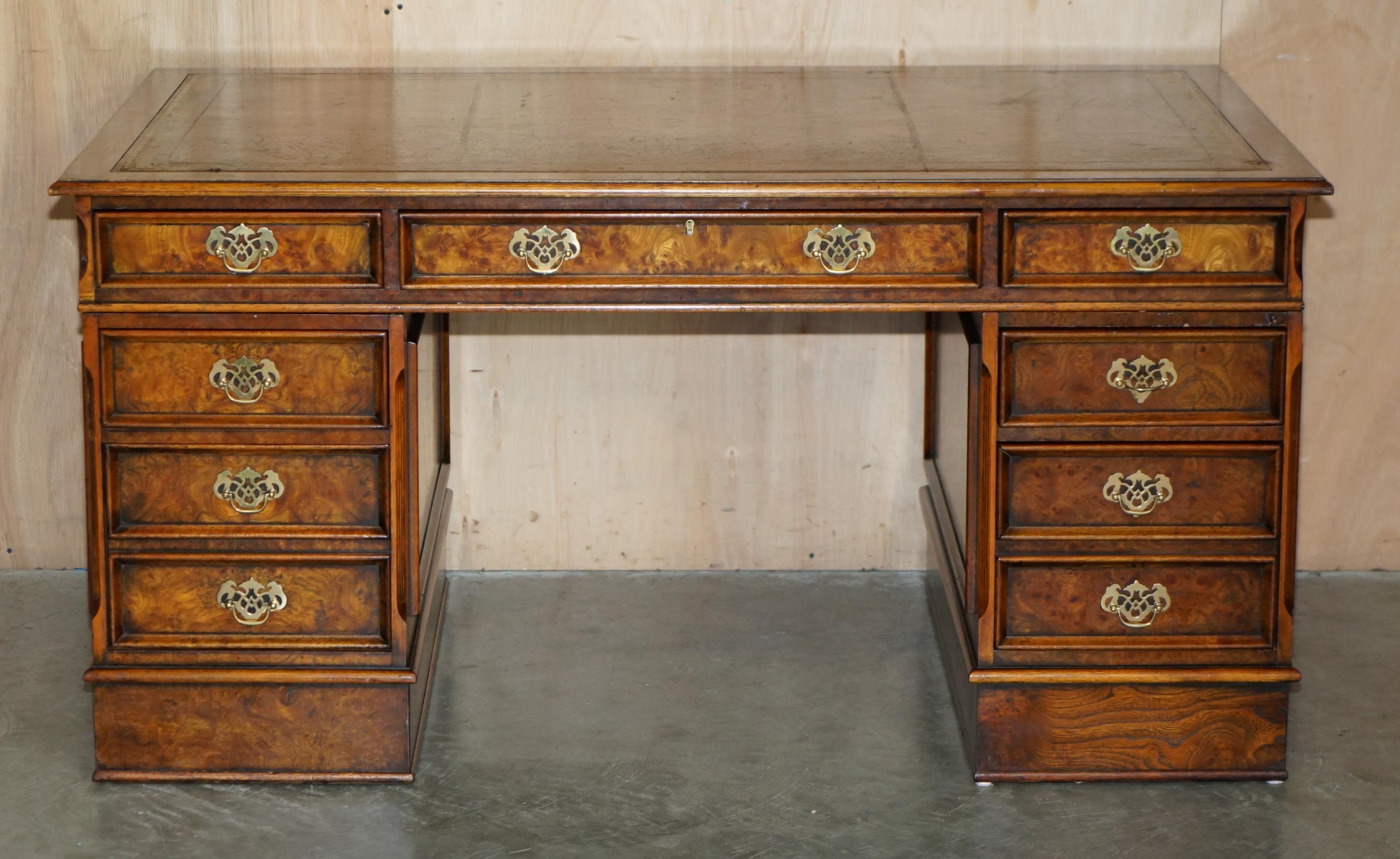 Regency EXQUISITE CHARLES LOWE & SONS BURR WALNUT BROWN LEATHER PEDESTAL DESK SLIP TRAYs
