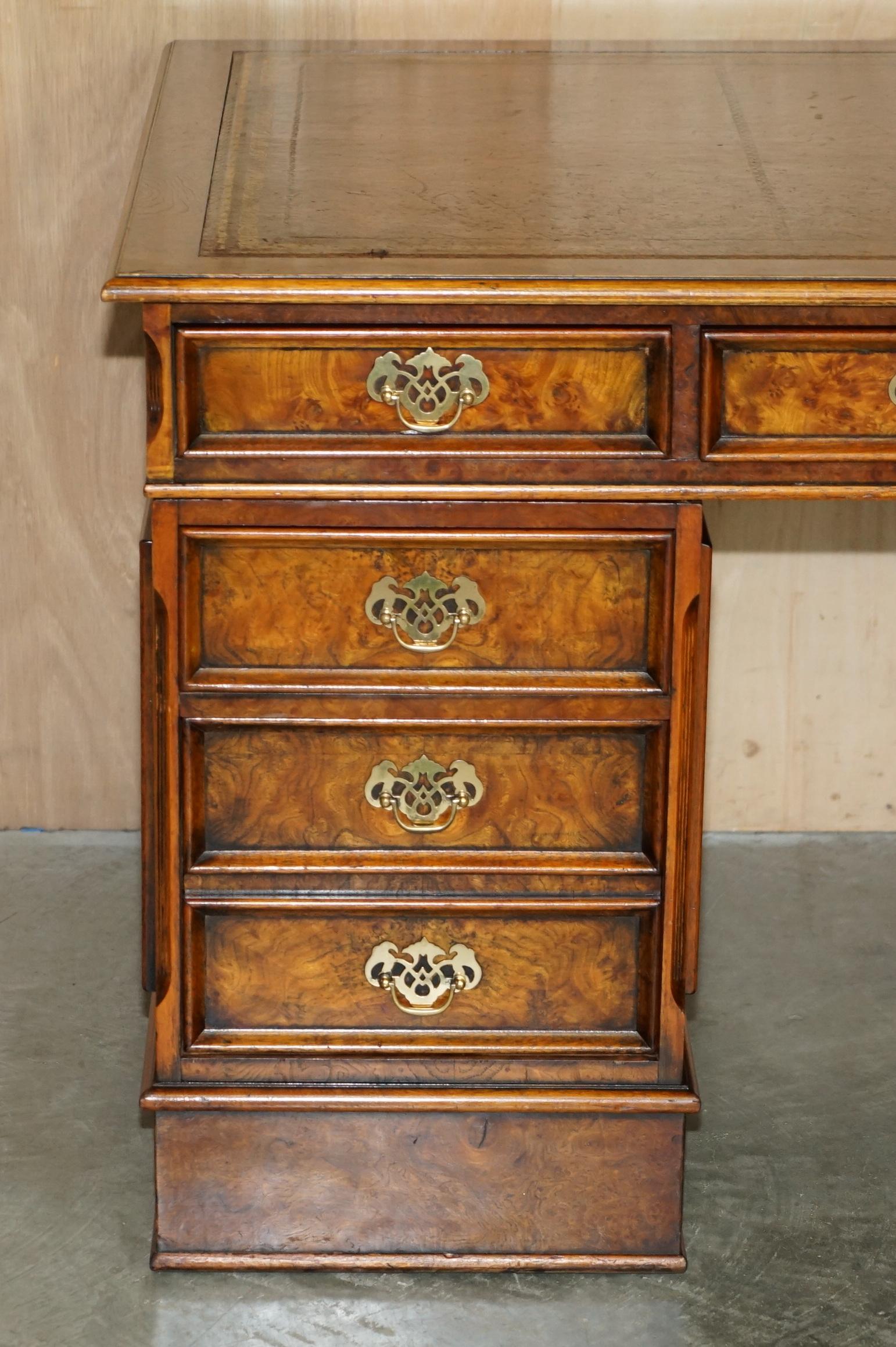 English EXQUISITE CHARLES LOWE & SONS BURR WALNUT BROWN LEATHER PEDESTAL DESK SLIP TRAYs