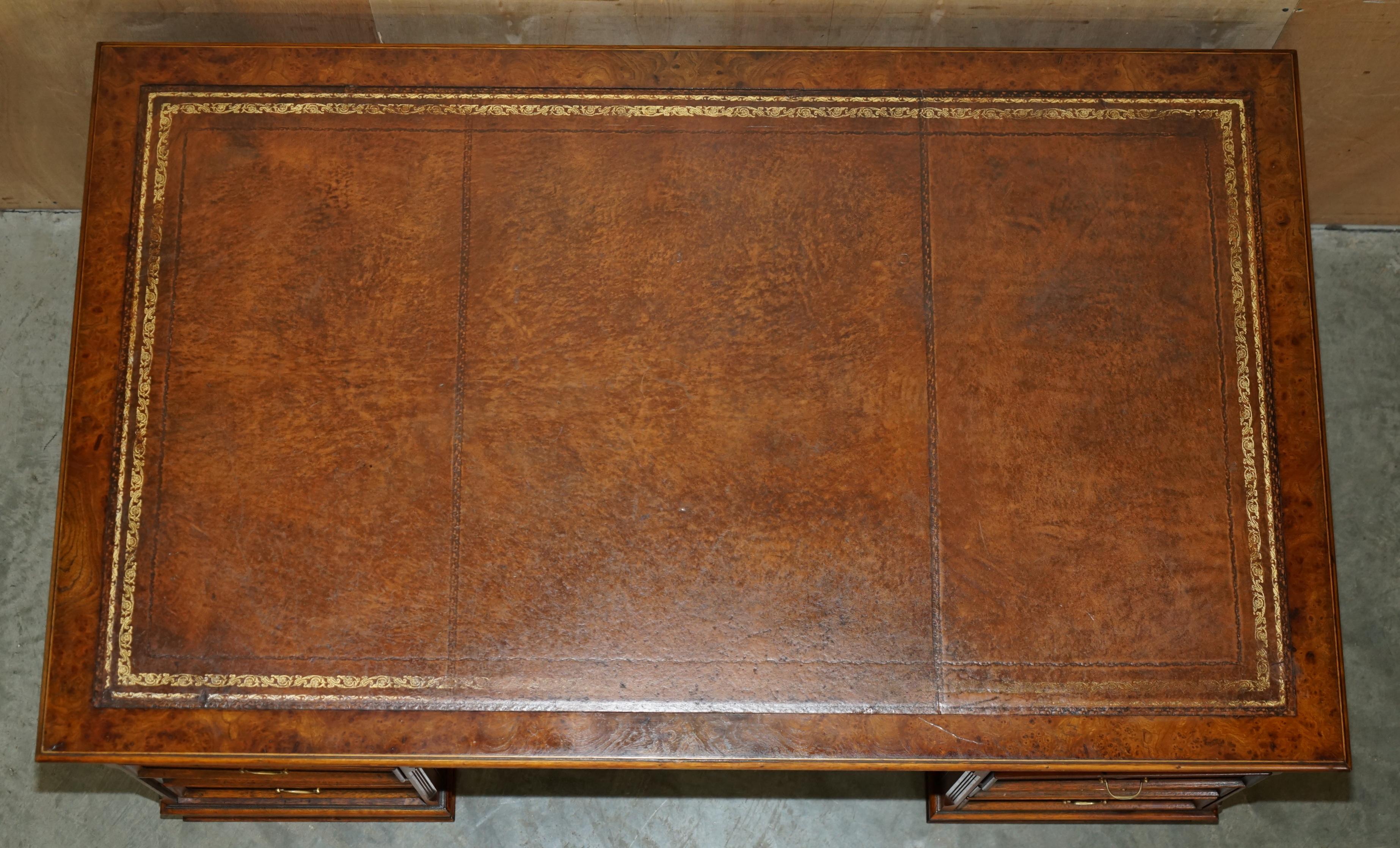 20th Century EXQUISITE CHARLES LOWE & SONS BURR WALNUT BROWN LEATHER PEDESTAL DESK SLIP TRAYs