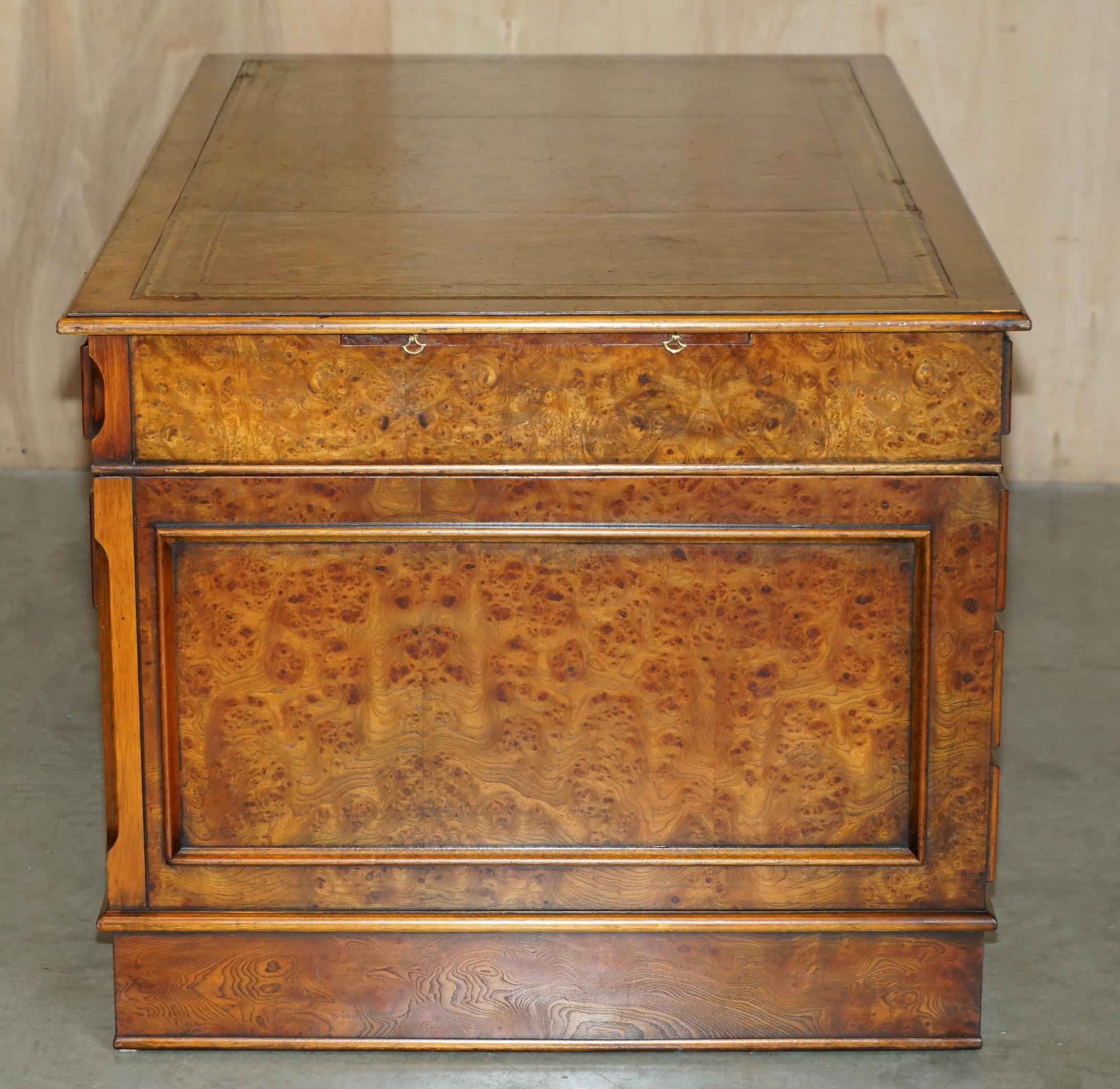 EXQUISITE CHARLES LOWE & SONS BURR WALNUT BROWN LEATHER PEDESTAL DESK SLIP TRAYs 1