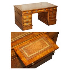 EXQUISITE CHARLES LOWE & SONS BURR WALNUT BROWN LEATHER PEDESTAL DESK SLIP TRAYs