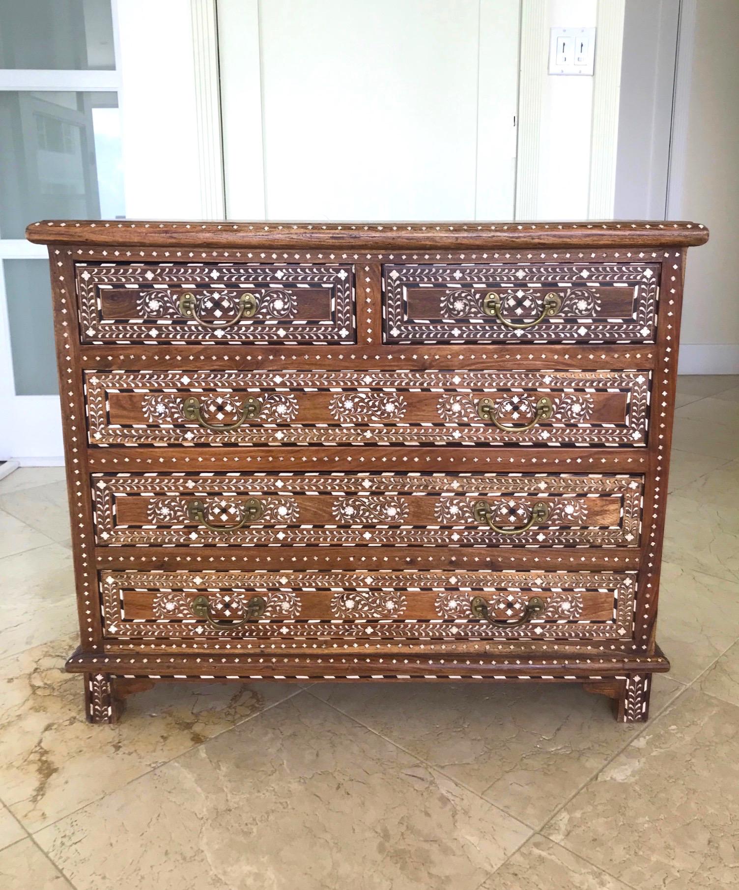 Moorish Exquisite Chest of Drawers with Bone Inlays and Marquetry Designs, 1970s