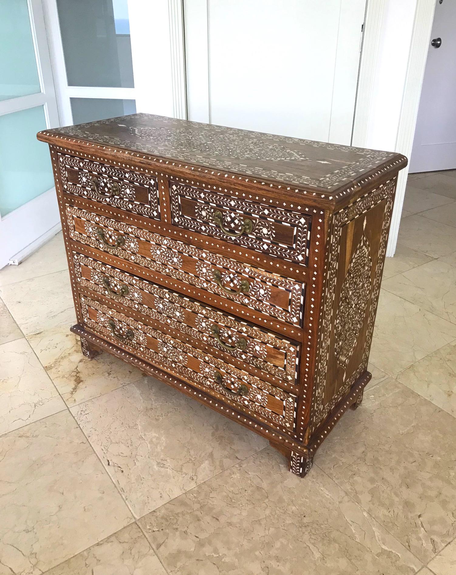 Moroccan Exquisite Chest of Drawers with Bone Inlays and Marquetry Designs, 1970s