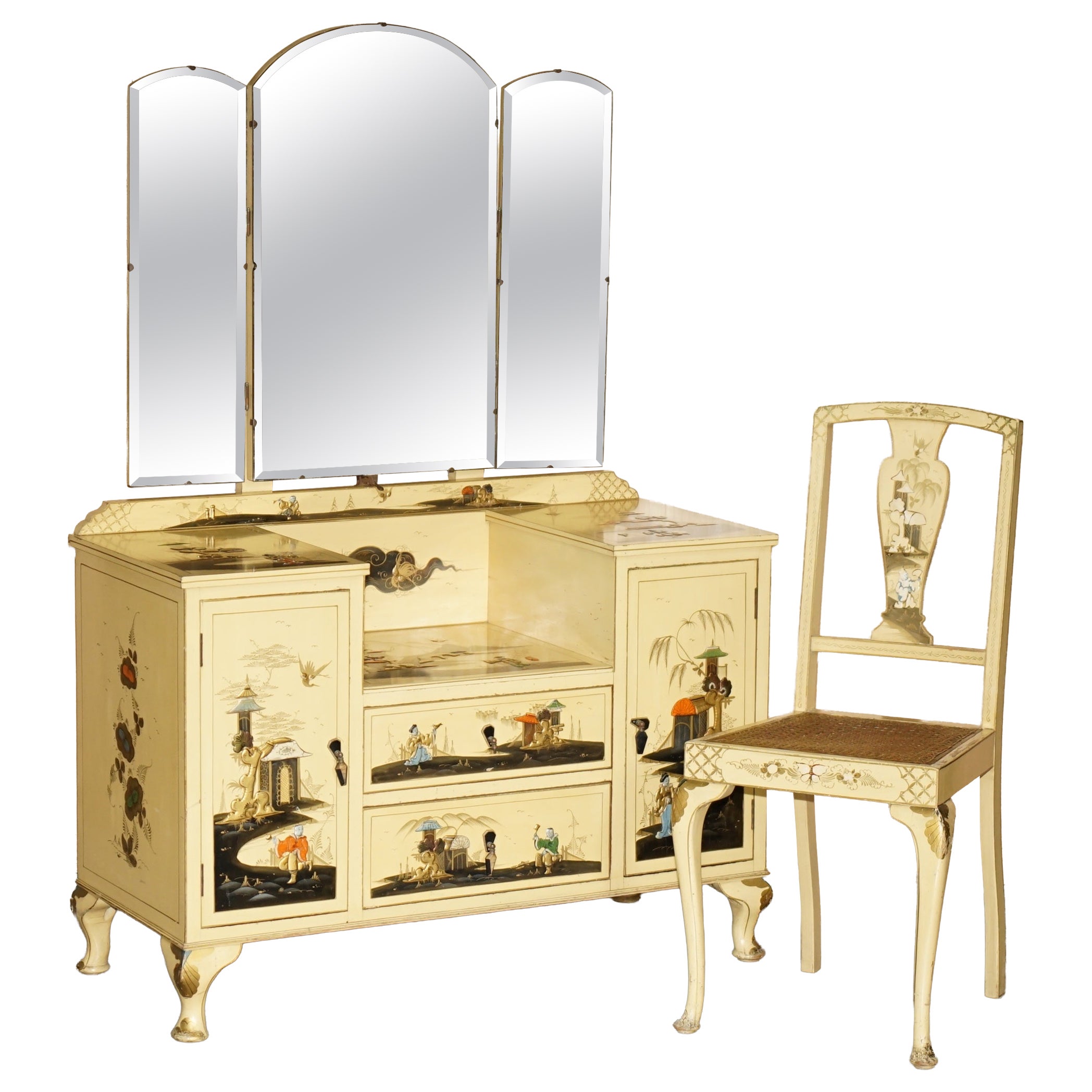 EXQUISITE CHINESE CHINOISERIE WALNUT DRESSING TABLE & CHAIR PART OF A SUiTE