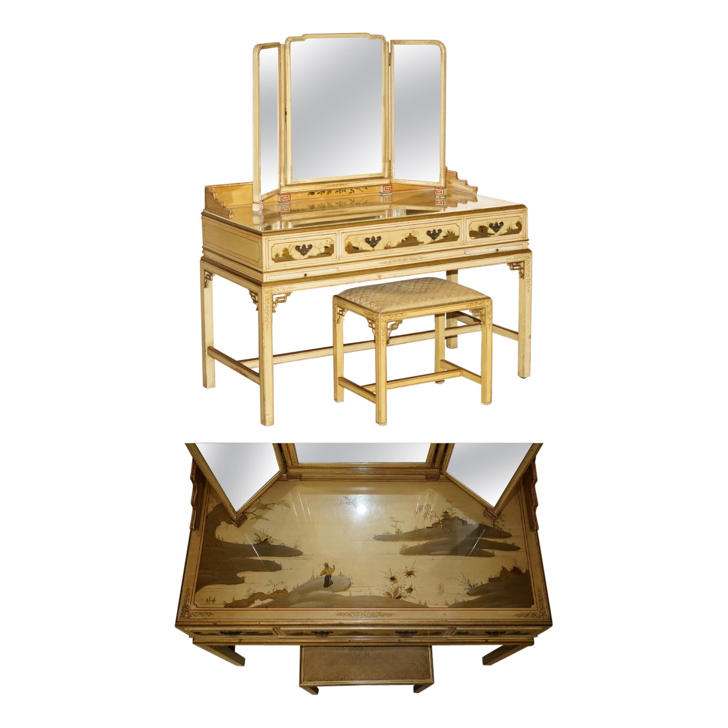 EXQUISITE CHiNESE CHINOISERIE WALNUT DRESSING TABLE & STOOL PART OF A SUITE