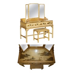 EXQUISITE CHiNESE CHINOISERIE WALNUT DRESSING TABLE & STOOL PART OF A SUITE