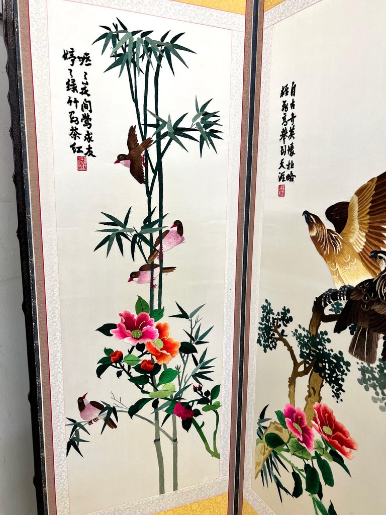 Exquisite Chinese Embroidered Silk 8 Panel Room Divider Screen of Birds, Flowers For Sale 5