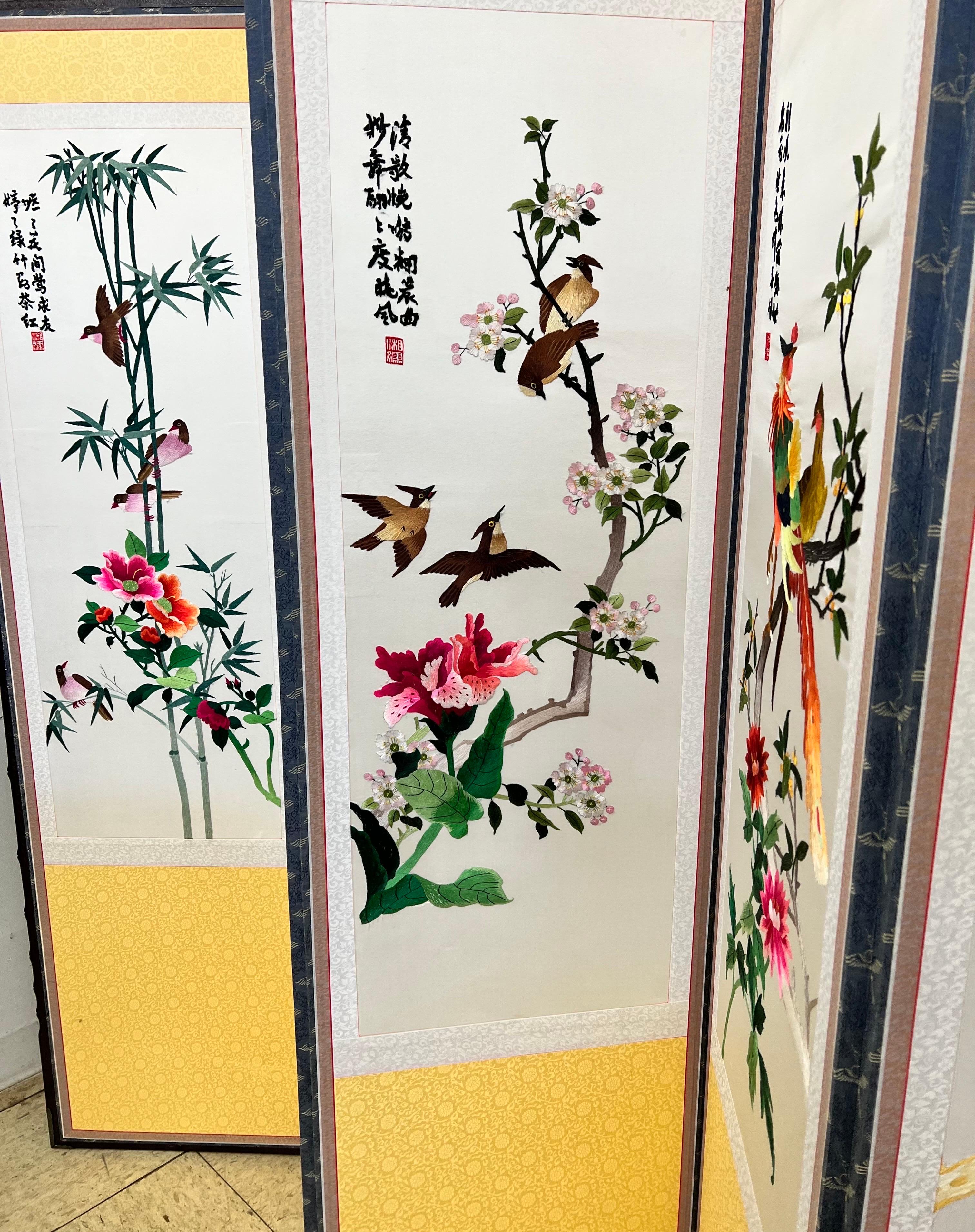 Chinese Export Exquisite Chinese Embroidered Silk 8 Panel Room Divider Screen of Birds, Flowers
