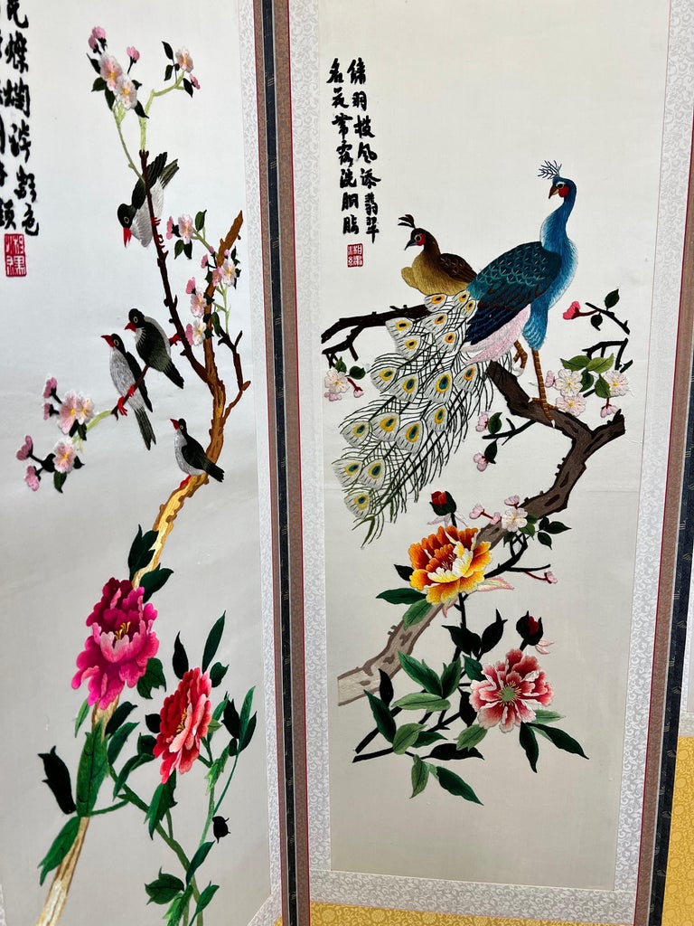 Exquisite Chinese Embroidered Silk 8 Panel Room Divider Screen of Birds, Flowers For Sale 2