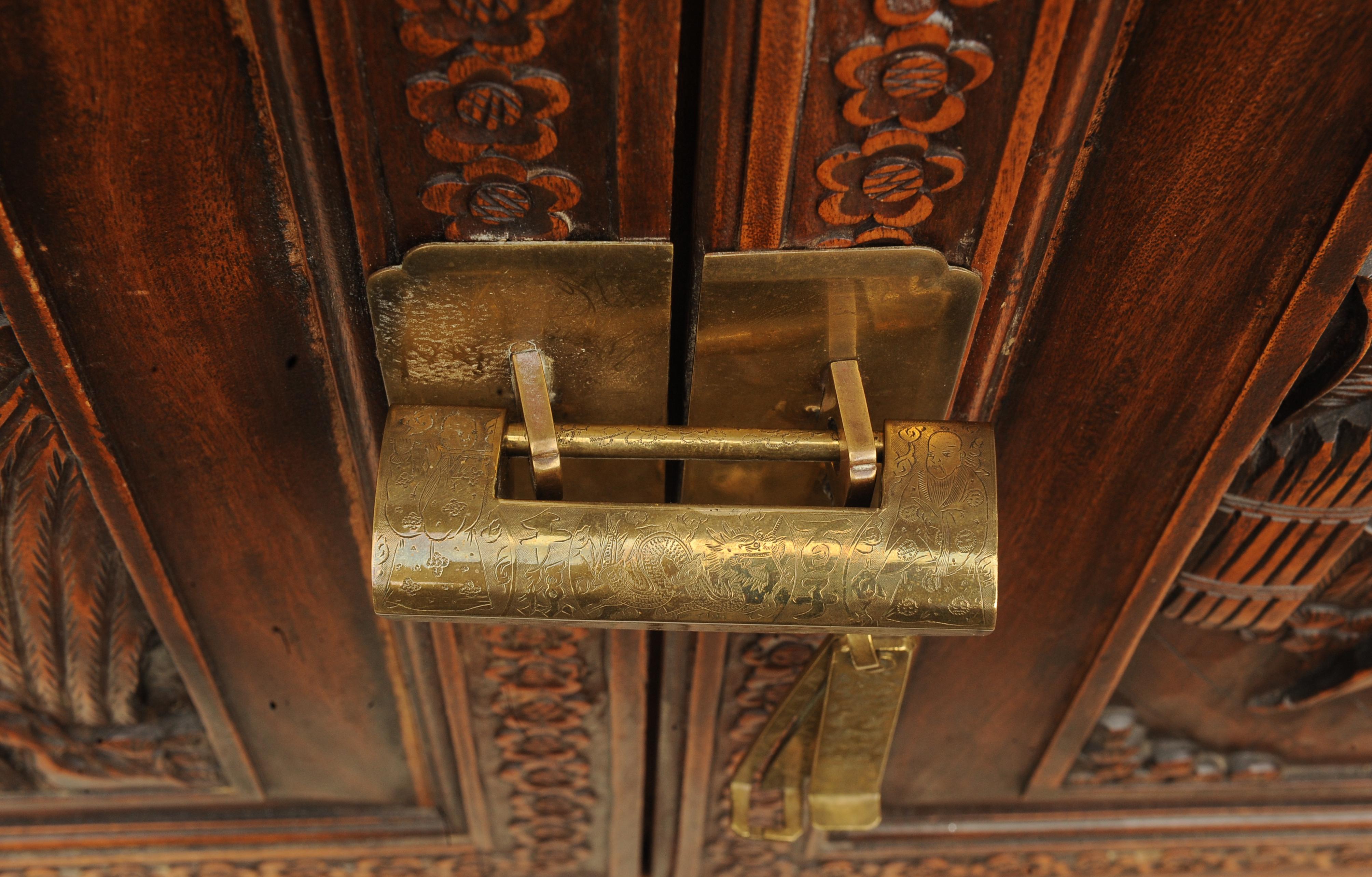 Exquisite Chinese Export Carved Two Door Five Campaign Drawer Camphor Chest For Sale 3