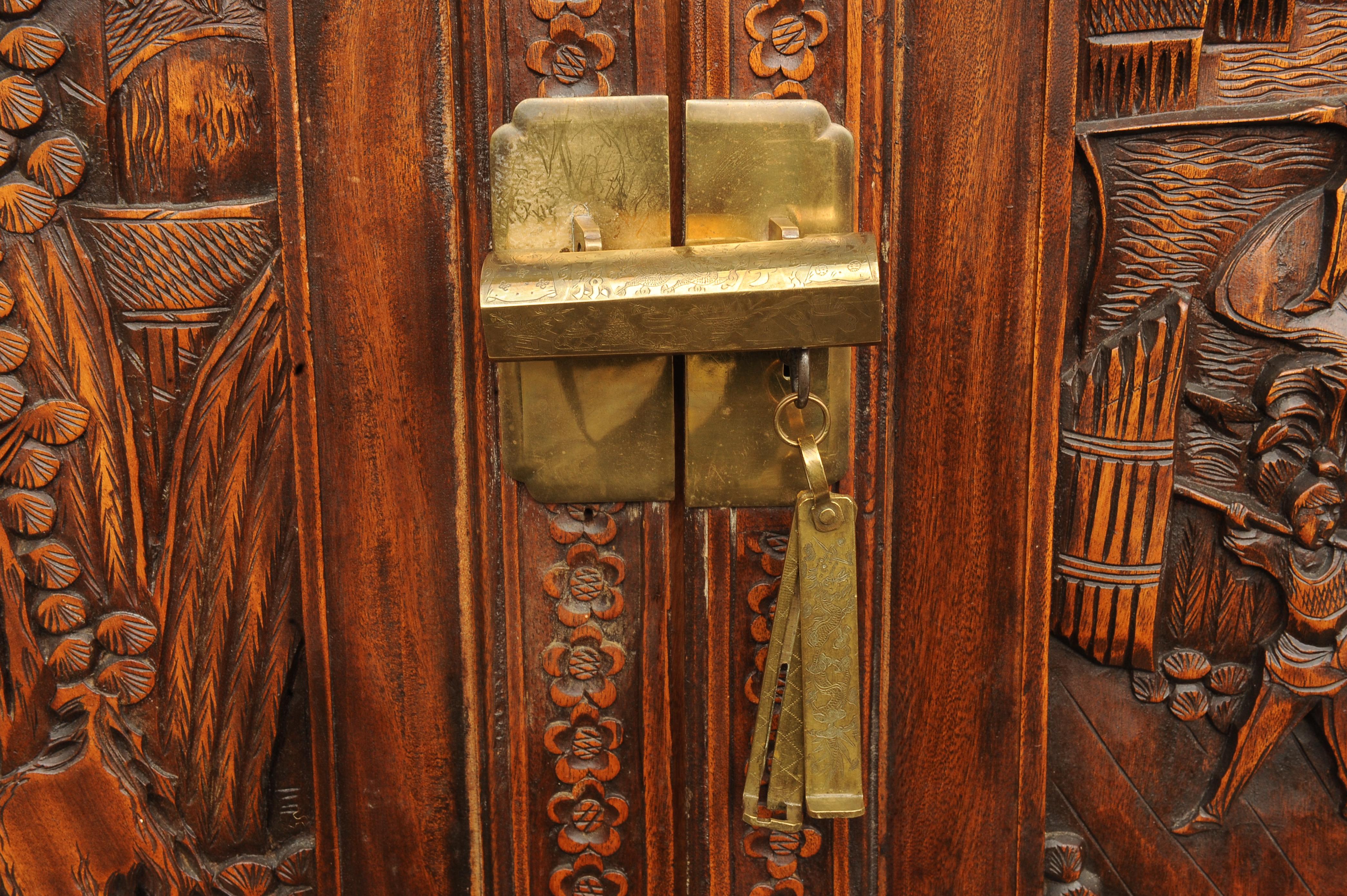 20th Century Exquisite Chinese Export Carved Two Door Five Campaign Drawer Camphor Chest For Sale